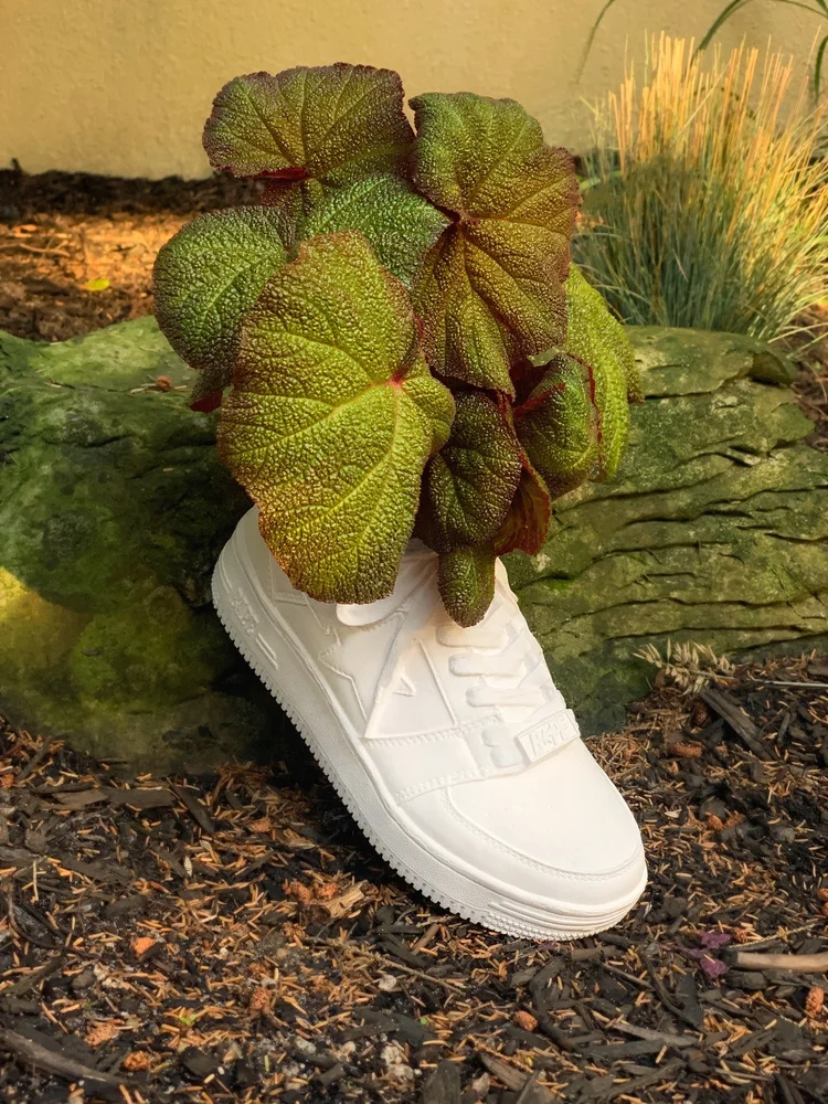Ceramic sneaker planter with a plant growing out of it in a garden bed