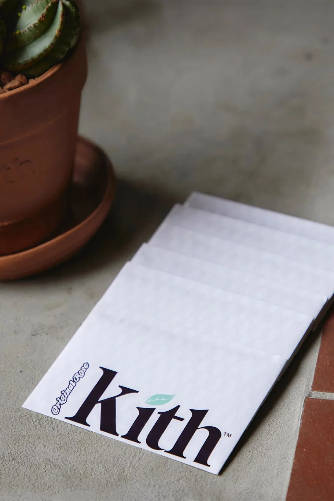 A white paper bag with the Kith logo and a small green leaf on it, placed on a concrete surface next to a terracotta pot with a cactus plant.
