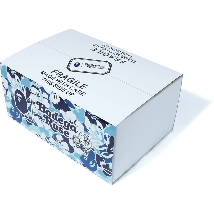 Bodega Rose fragile shipping box with blue floral design