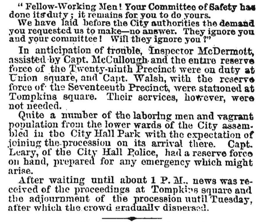 A black and white newspaper article about a disruption at a City Hall Park procession involving police and staffing, with details of the event including police and reserve forces.