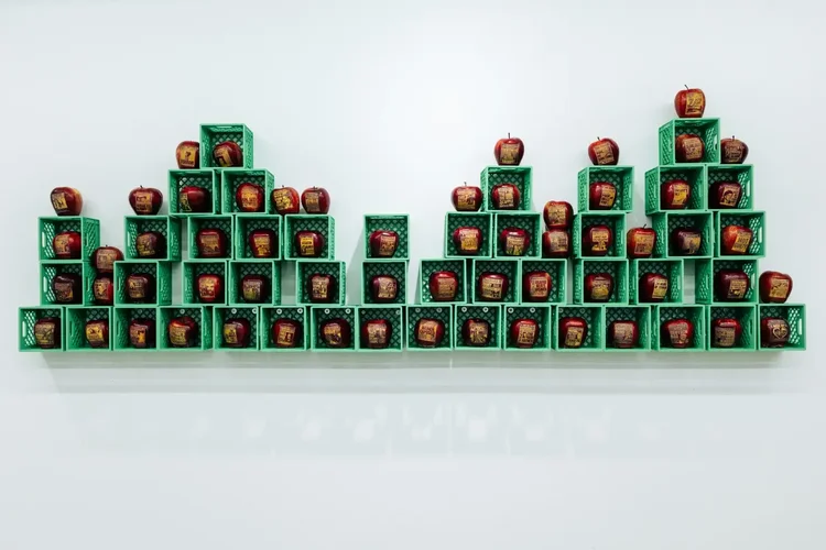 Bar graph installation made of Red Delicious apples and green grocers' crates