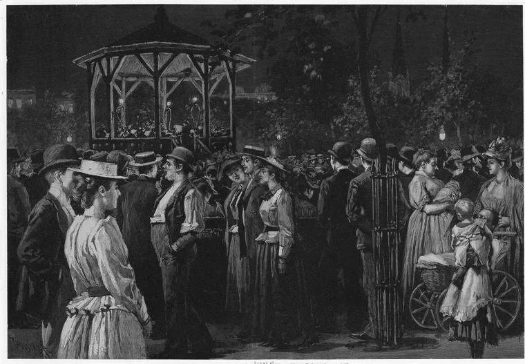 A black and white illustration of a crowd at night gathered around a bandstand with musicians performing. The crowd includes women in long dresses and hats, men in suits and hats, and children, some with a stroller. The scene appears lively with people watching the performance.