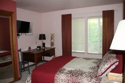 Bedroom with a bed, window with blinds, desk, and TV in a hotel room or apartment.