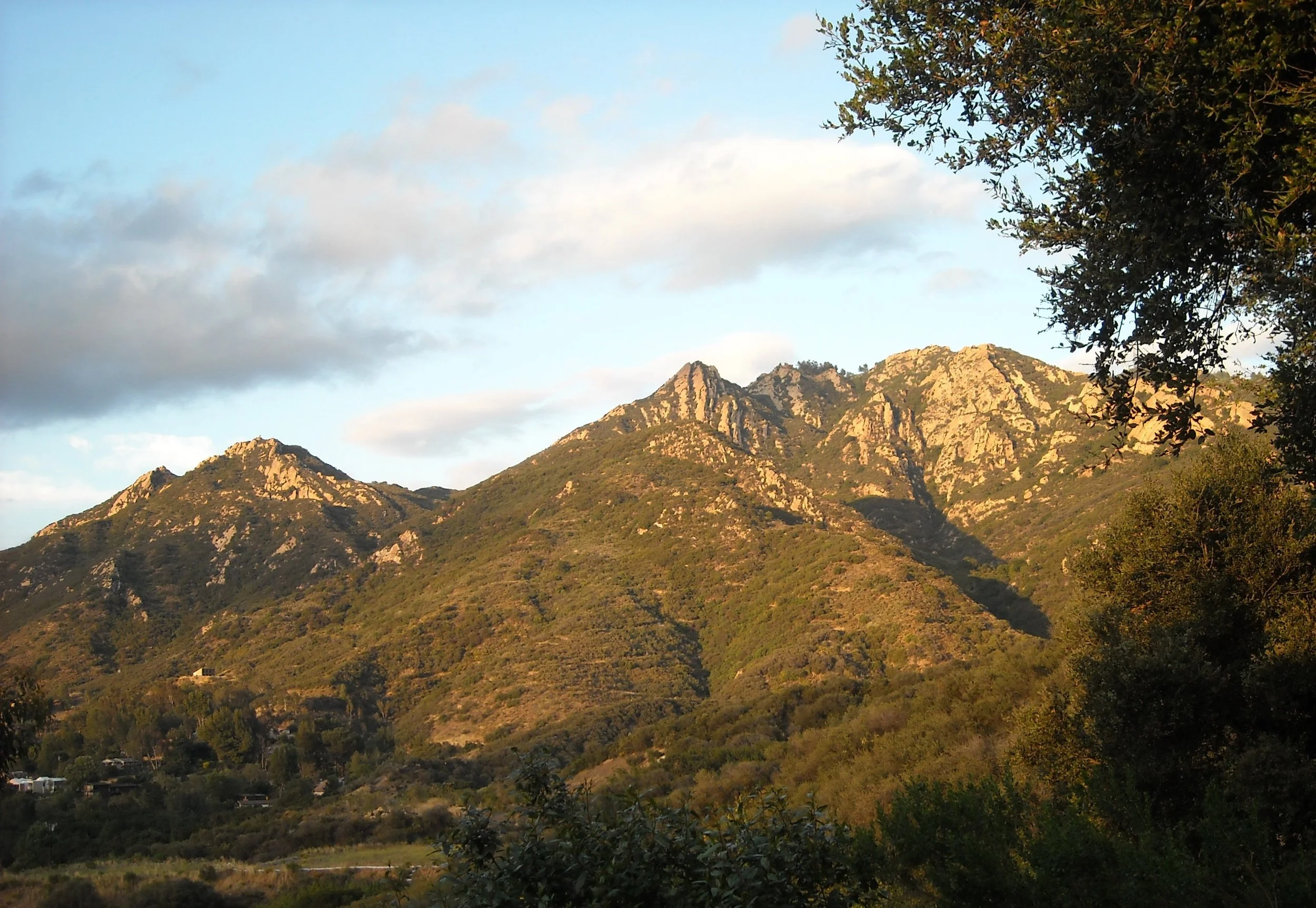 Sunlit mountain range with green vegetation and rocky peaks, partially obscured by trees in the foreground, under a partly cloudy sky.