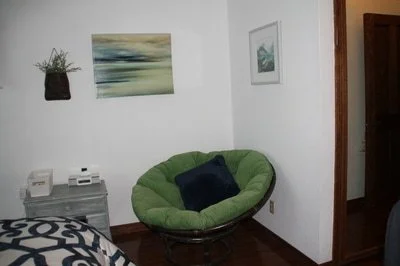 A green papasan chair with a navy pillow in a corner of a room with white walls, wall art, a small side table, and a plant hanging on the wall.