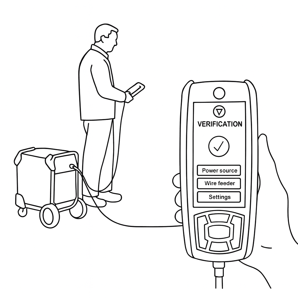 Line drawing of a person using a device connected to a machine, with a close-up of a handheld verification device showing options like Power source, Wire feeder, and Settings.