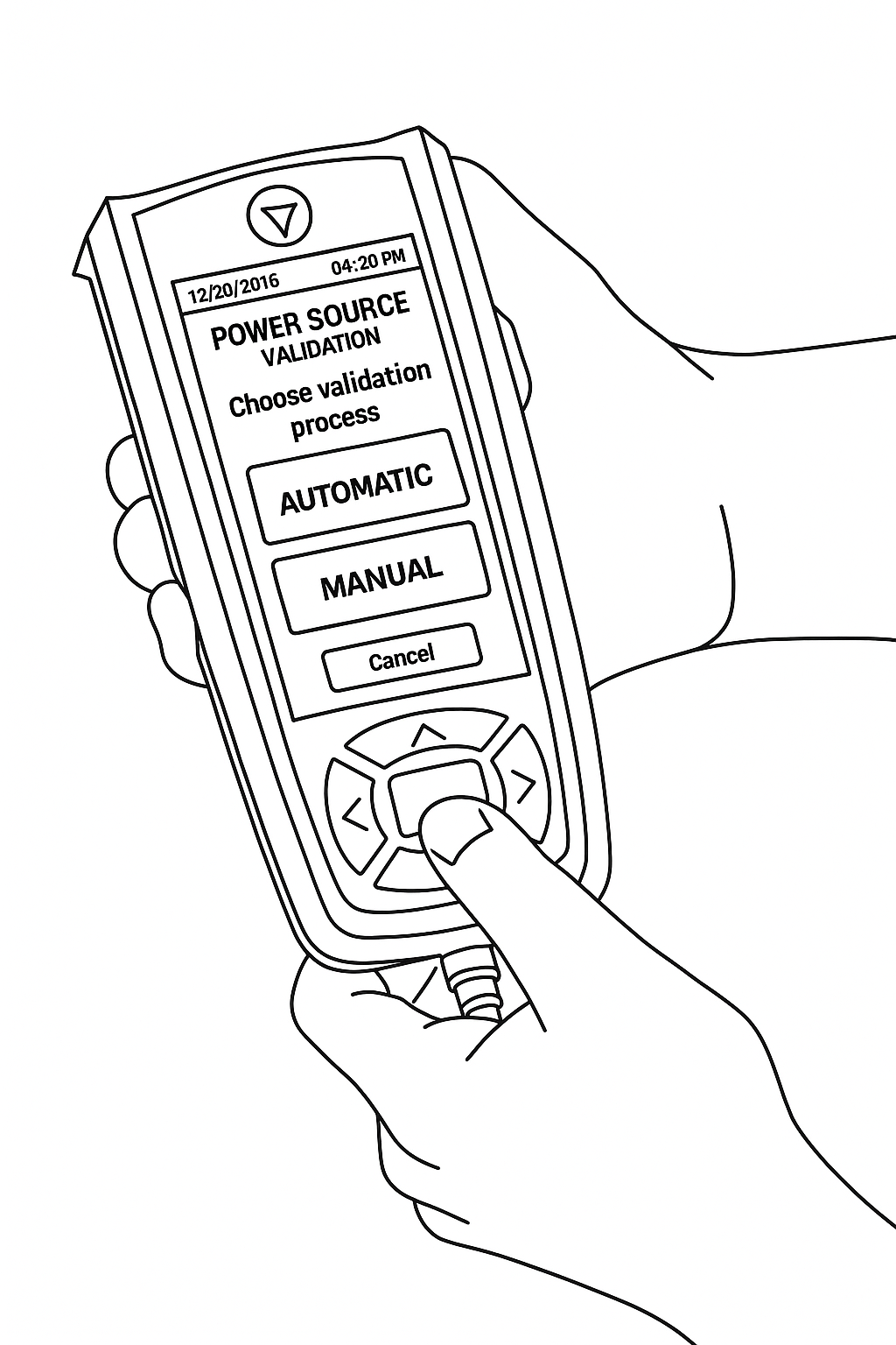 Line drawing of a hand holding a handheld device displaying options for power source validation, with options for automatic and manual validation.
