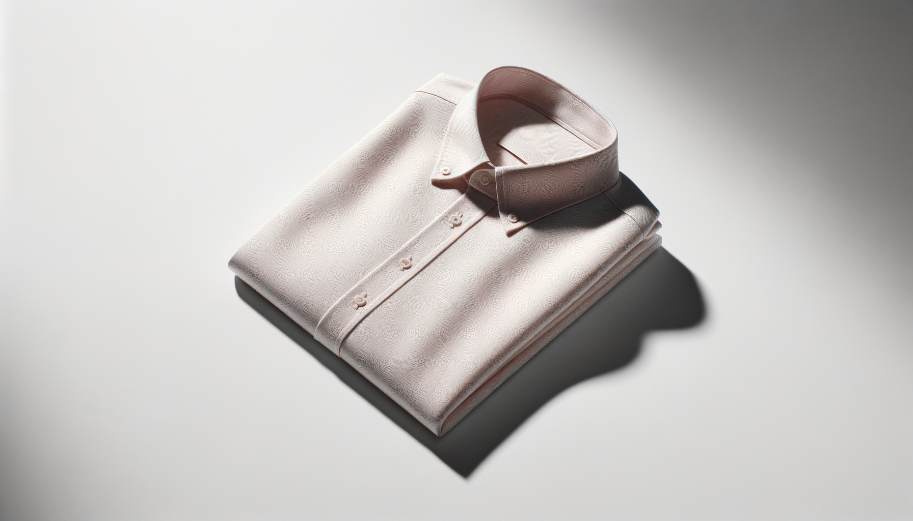 A neatly folded white dress shirt with a contrasting beige collar, lying on a surface with a soft shadow.