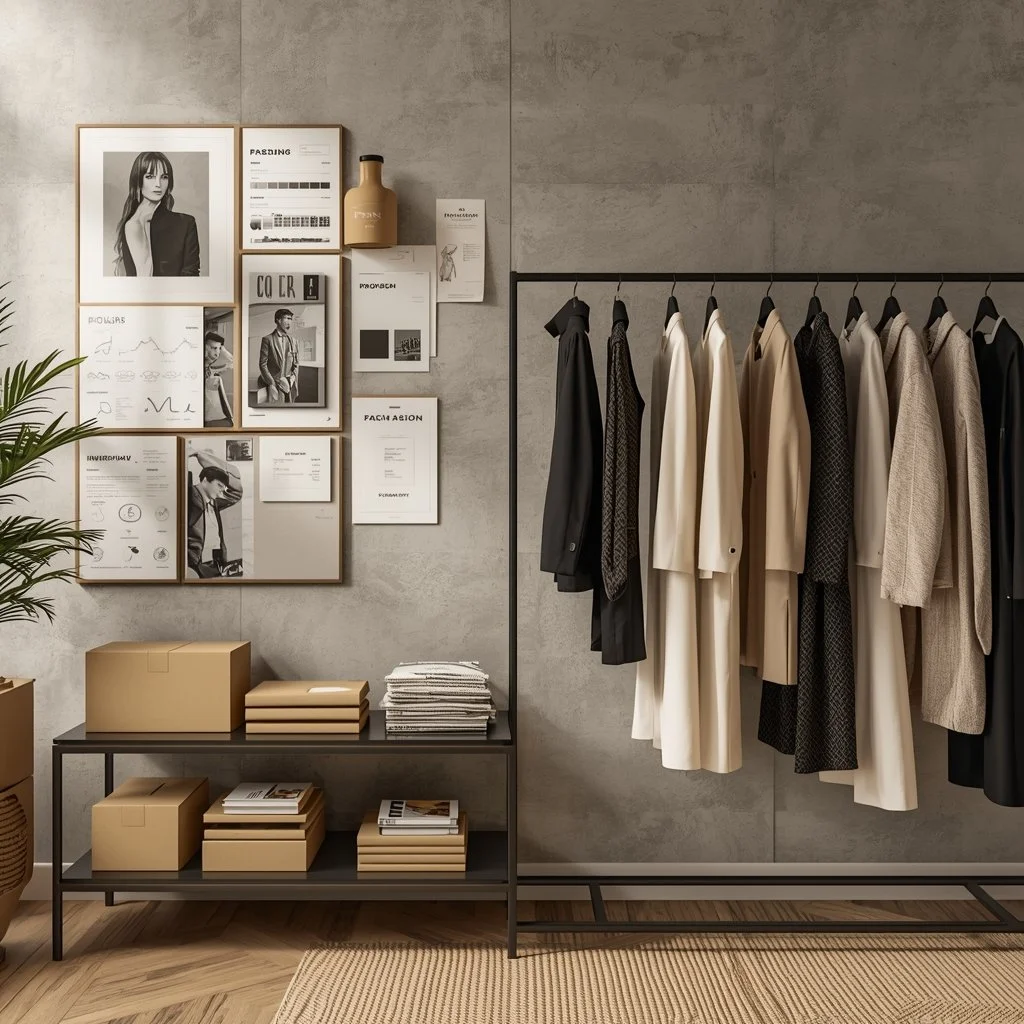 A clothing display with beige and black coats hanging on a black rod against a concrete wall. To the left, a wall art collage with black-and-white photos and fashion-related prints. A black table below holds beige boxes and catalogs, with a potted plant nearby.