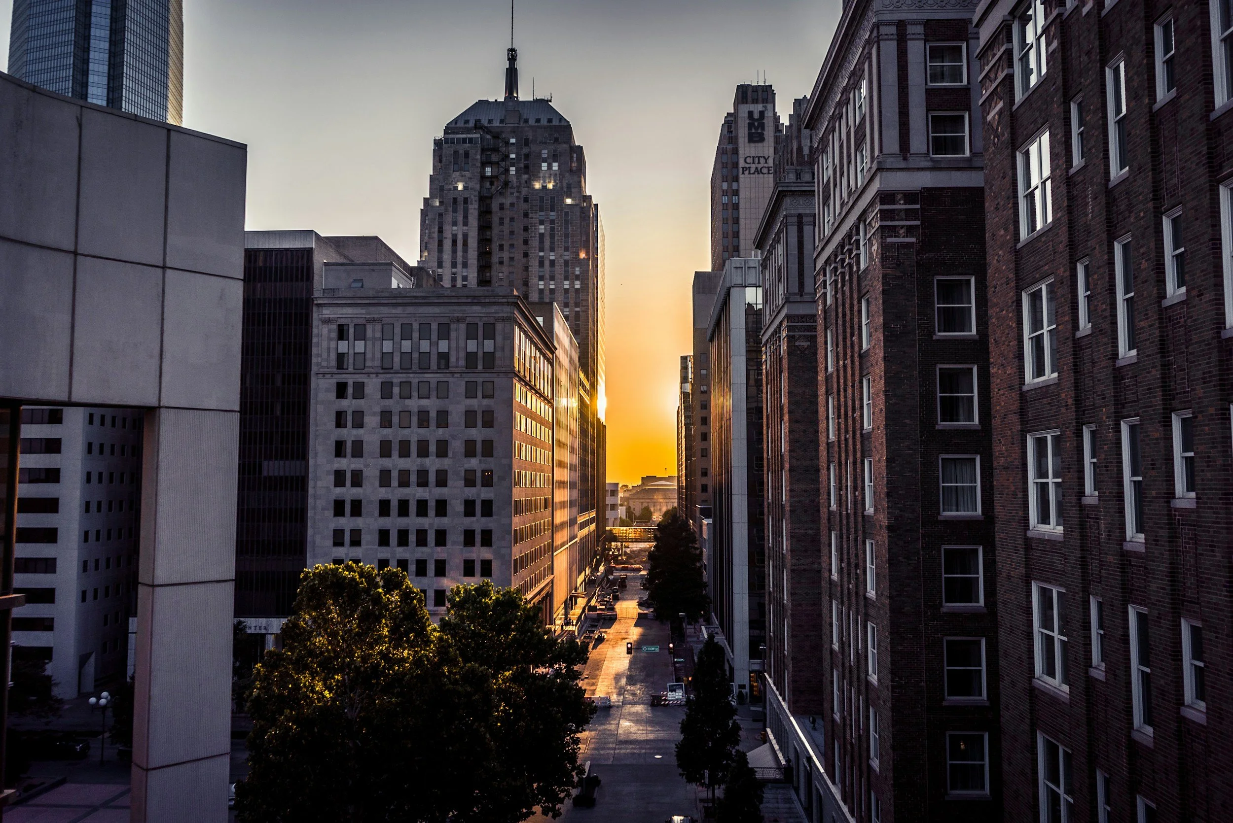 Downtown Oklahoma City during a sunset.