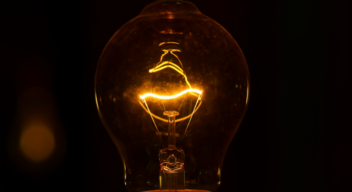 A close-up of an illuminated vintage light bulb glowing with orange light against a dark background.