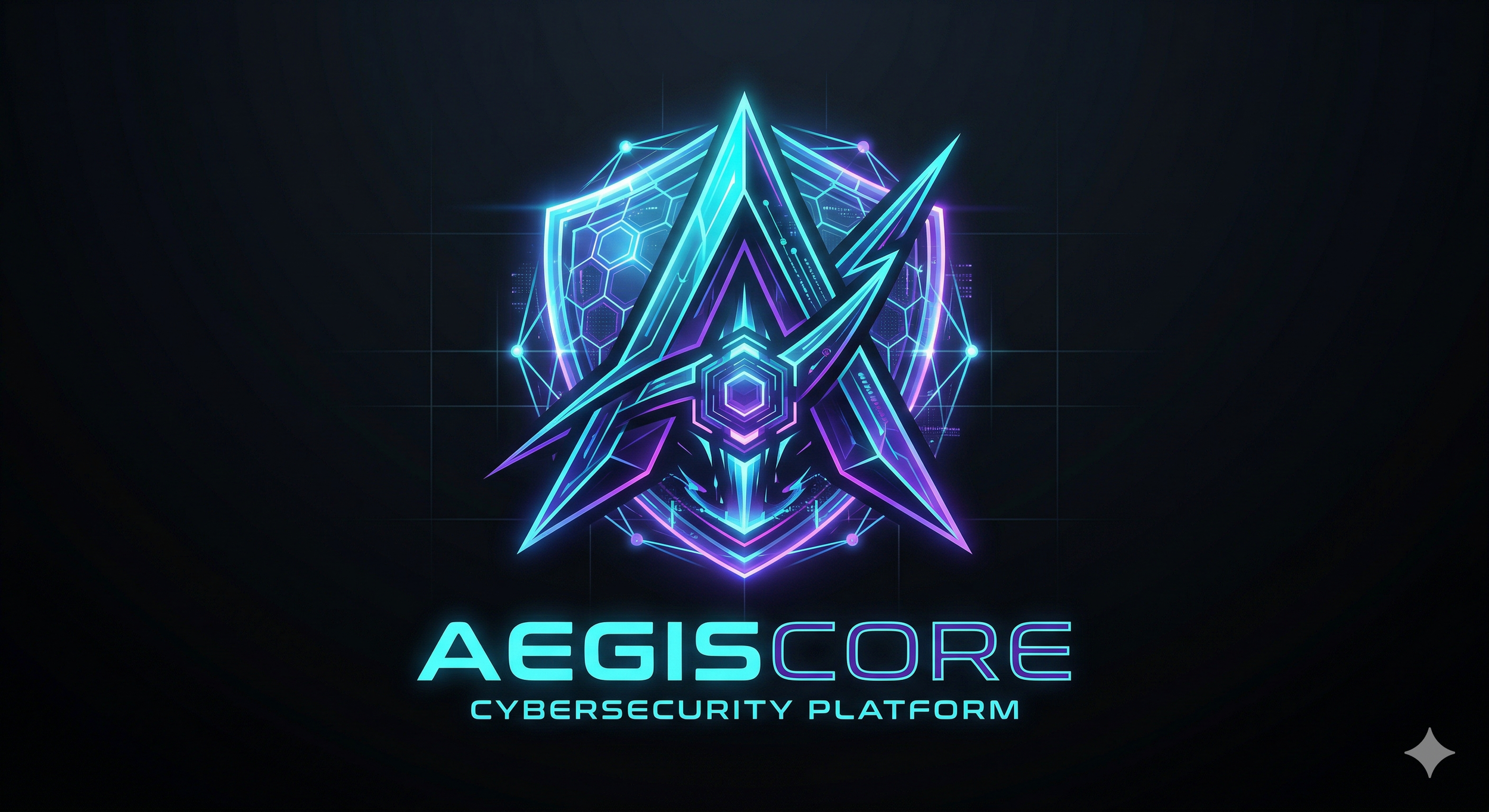 A digital neon-style logo for Aegis Core, a cybersecurity platform, featuring a stylized shield and shielded eagle head with glowing blue and purple accents.