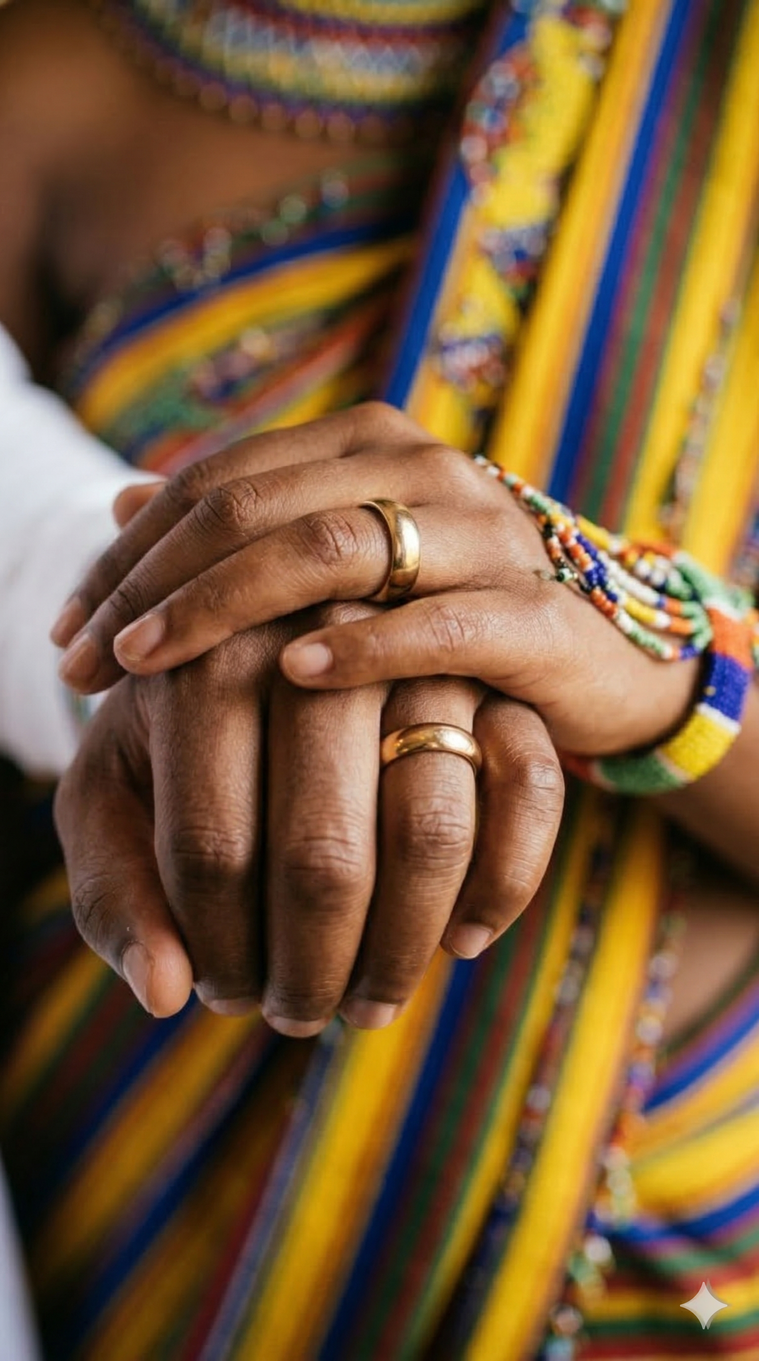 Close-up of two hands with gold rings, one hand resting over the other, against a colorful striped fabric in the background.
