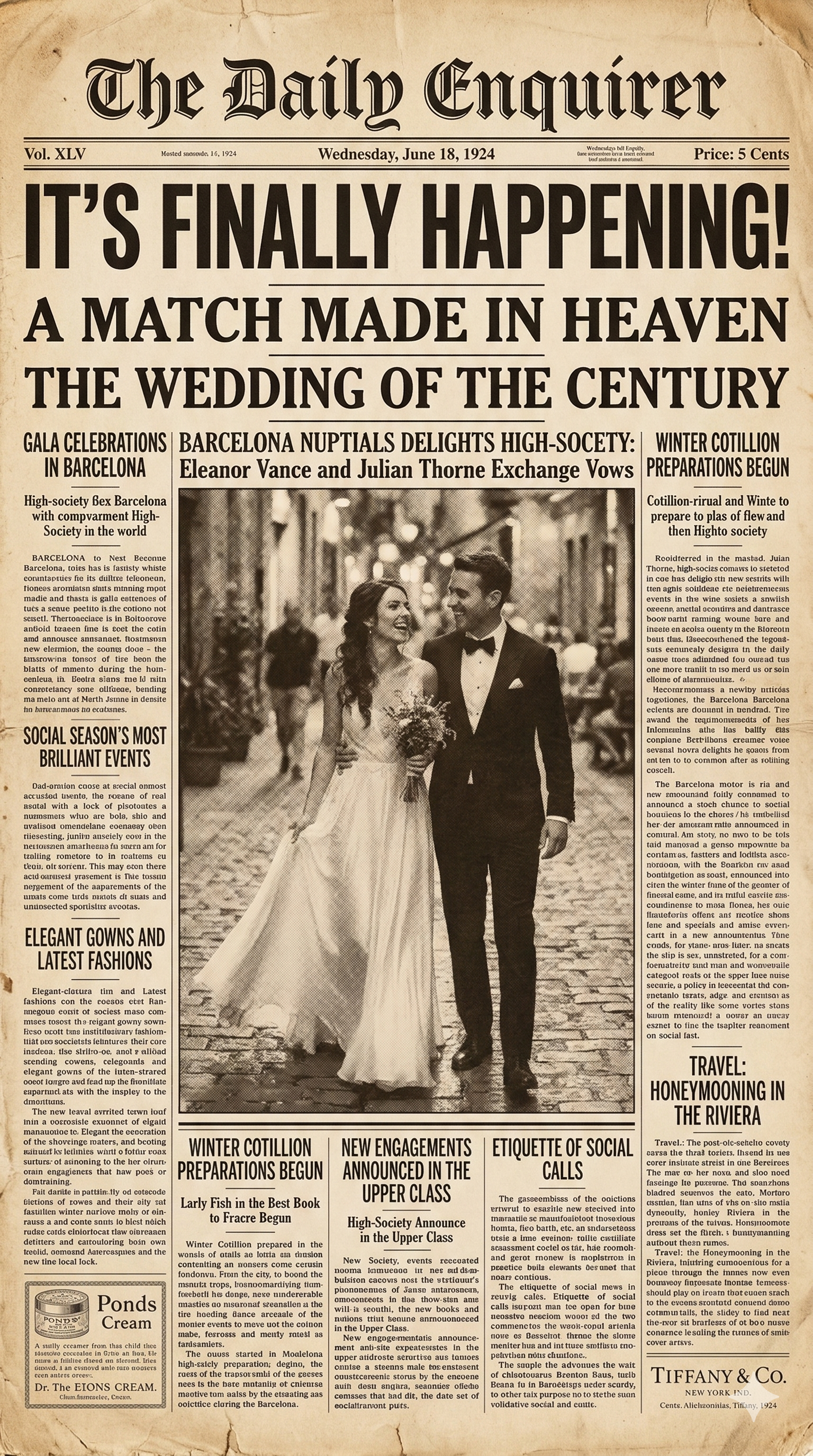 A vintage newspaper front page from June 18, 1924, with a headline announcing a significant event, and a photograph of a bride and groom walking together at a wedding.