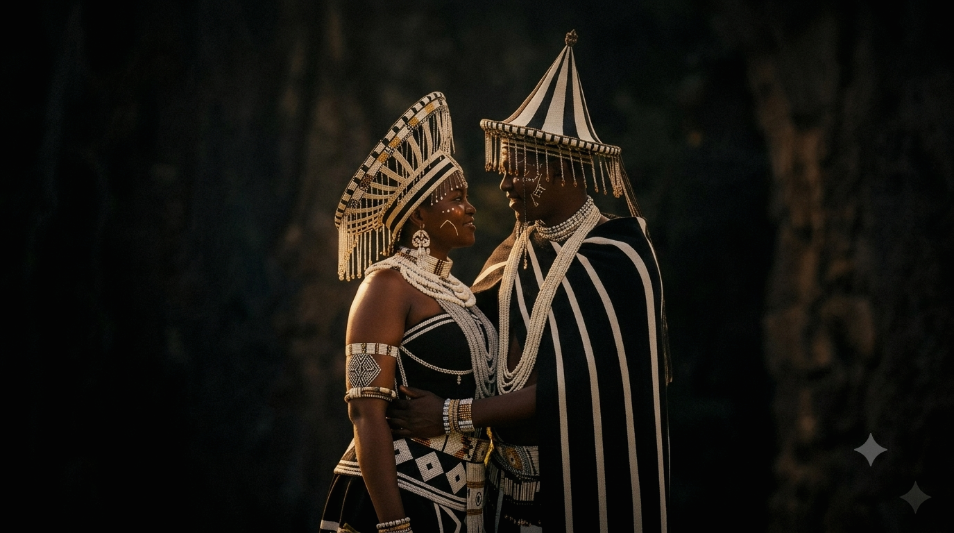A couple dressed in traditional Maasai attire, with the woman wearing a beaded headdress, jewelry, and a patterned dress, and the man wearing a striped cape and a tall, striped headdress, standing close and facing each other at dusk or night.