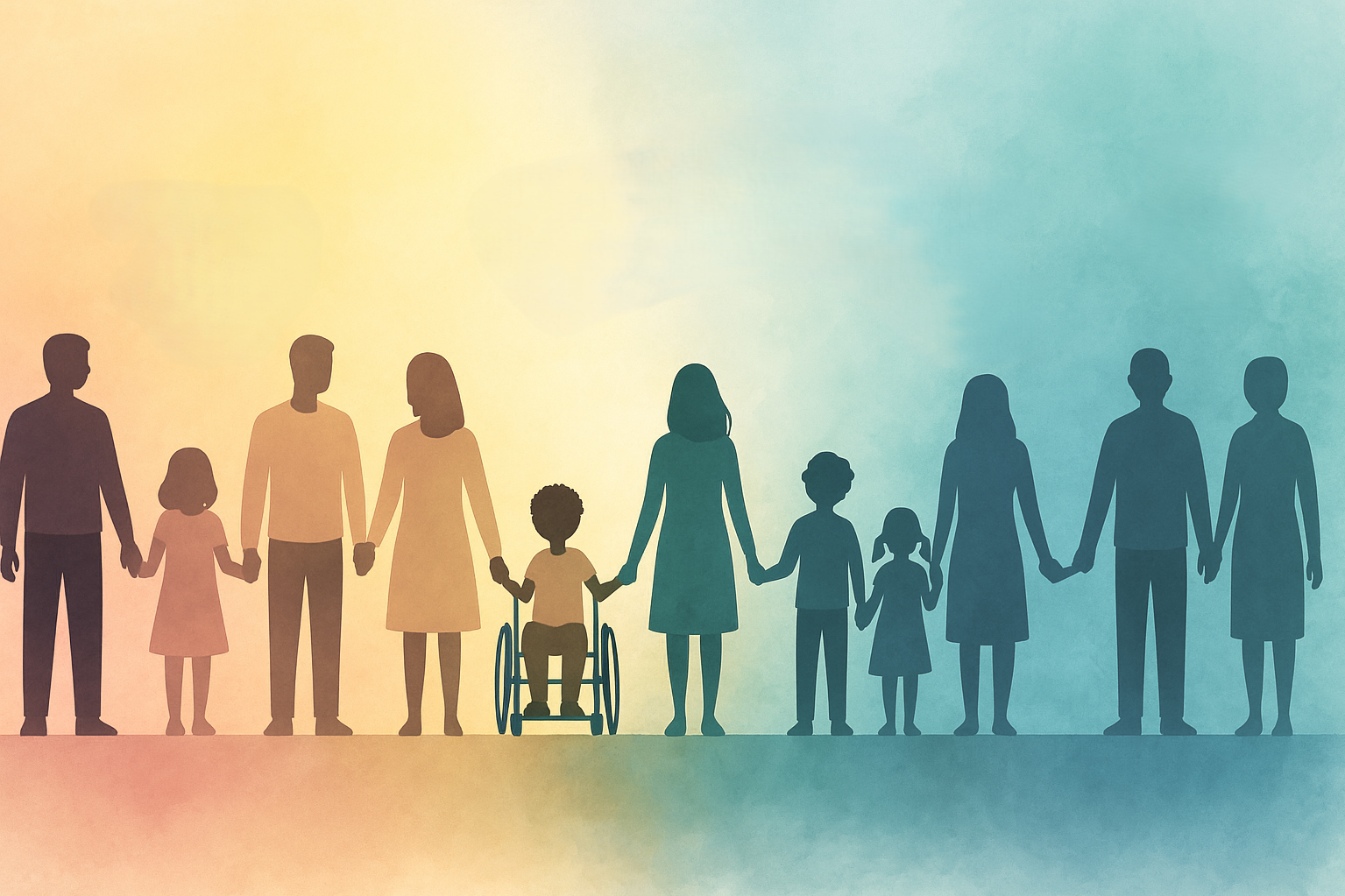 Silhouettes of diverse family members holding hands, including children, adults, and a person in a wheelchair, against a colorful gradient background.
