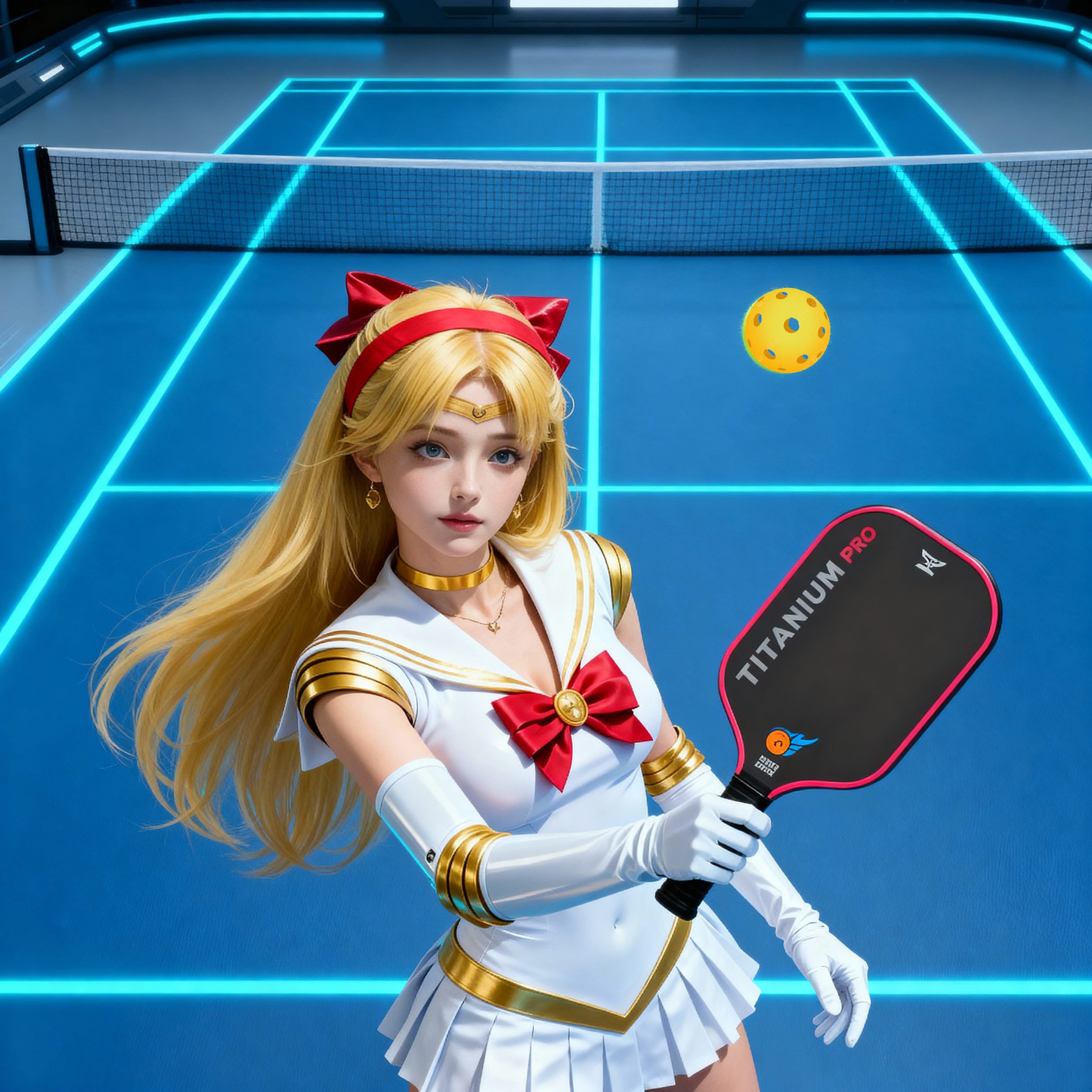 A woman dressed as Sailor Moon holding a paddle in a neon-lit indoor tennis court with a yellow tennis ball in the background.