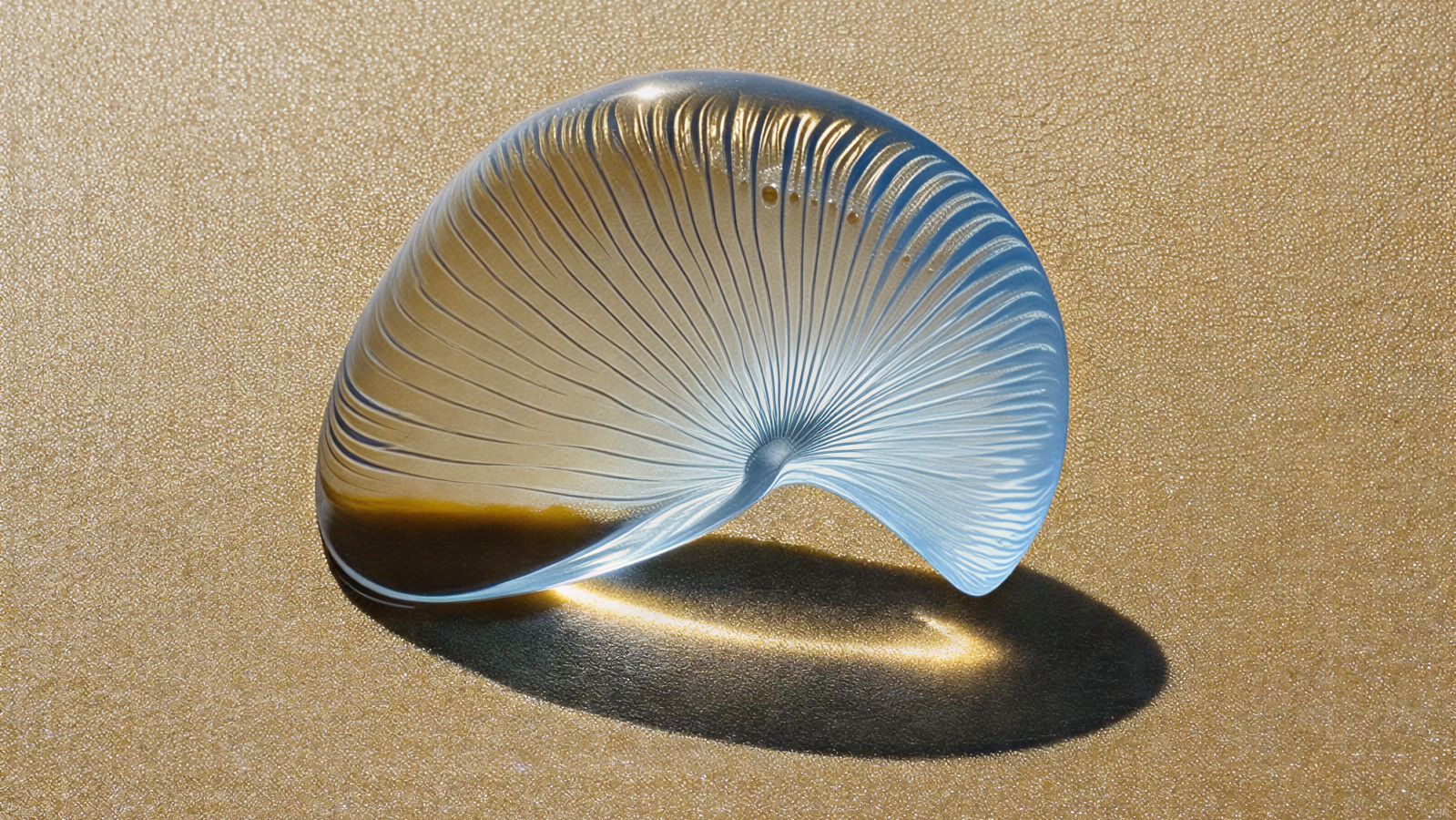 Clarity. Close-up of a seashell with a spiral pattern, casting a shadow on a golden, glittery surface.