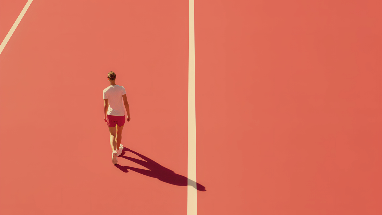 Execution. A person walking alone on a pink tennis court with a white line dividing the court, casting a long shadow.