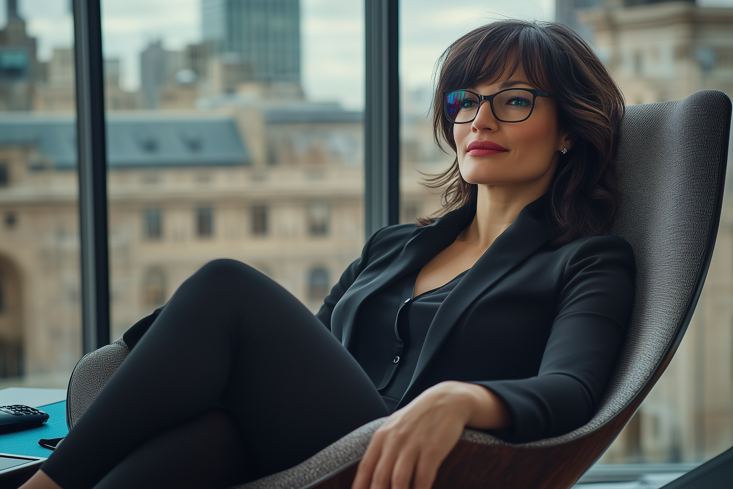 Self-trust. A confident woman sitting in a modern office chair in front of a large window with a city view, wearing glasses and a black blazer.
