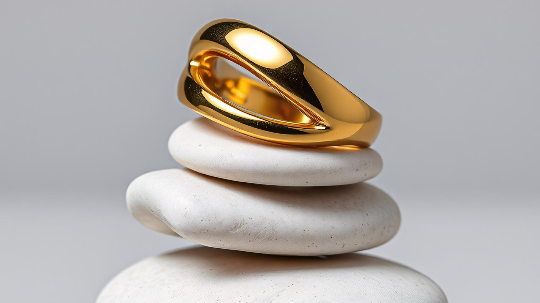 Stability. A gold ring resting on a stack of smooth, white stones.