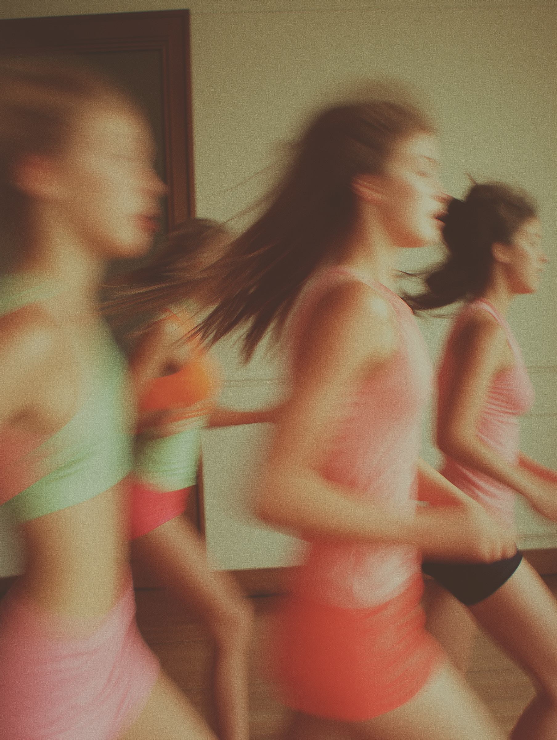 Momentum. Four women running, with motion blur, indoors.