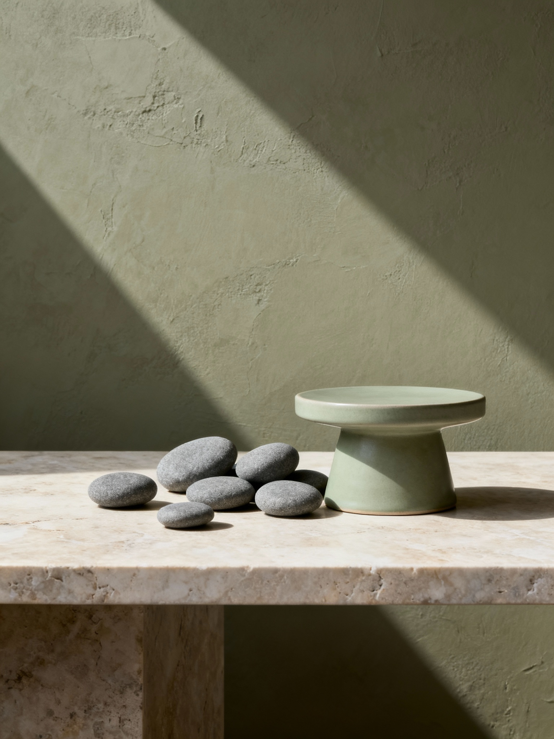 The Catalyst Sprint. Gray stones with a small green ceramic pedestal on a beige marble surface, with a textured green wall and sunlight creating shadows.