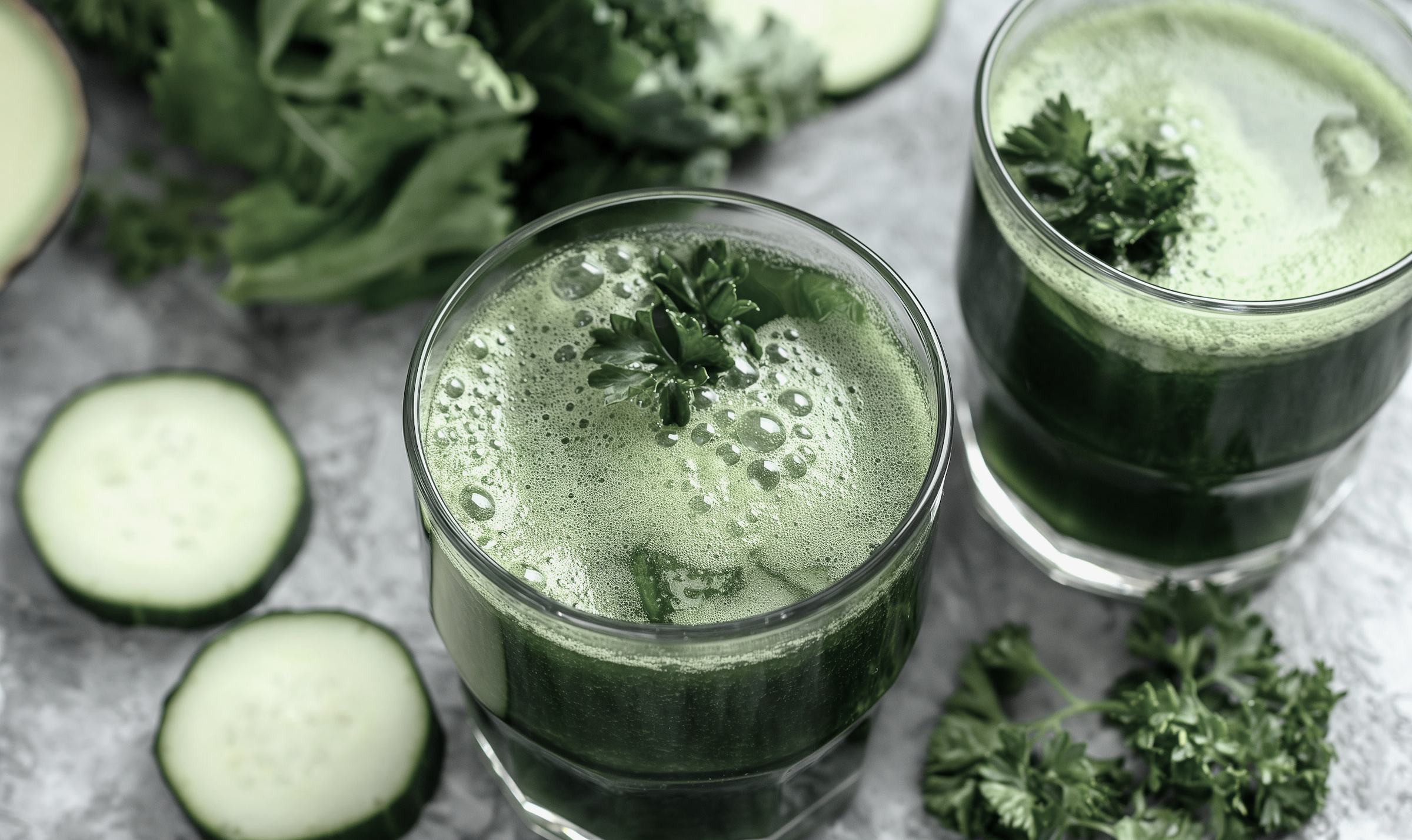 Two glasses of green cucumber and parsley juice garnished with parsley, surrounded by sliced cucumbers, parsley, and whole cucumbers on a gray textured surface.