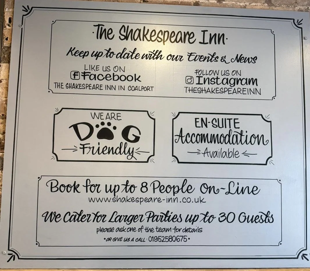 Sign for The Shakespeare Inn advertising events and accommodations, with social media information including Facebook and Instagram, and booking details for parties.