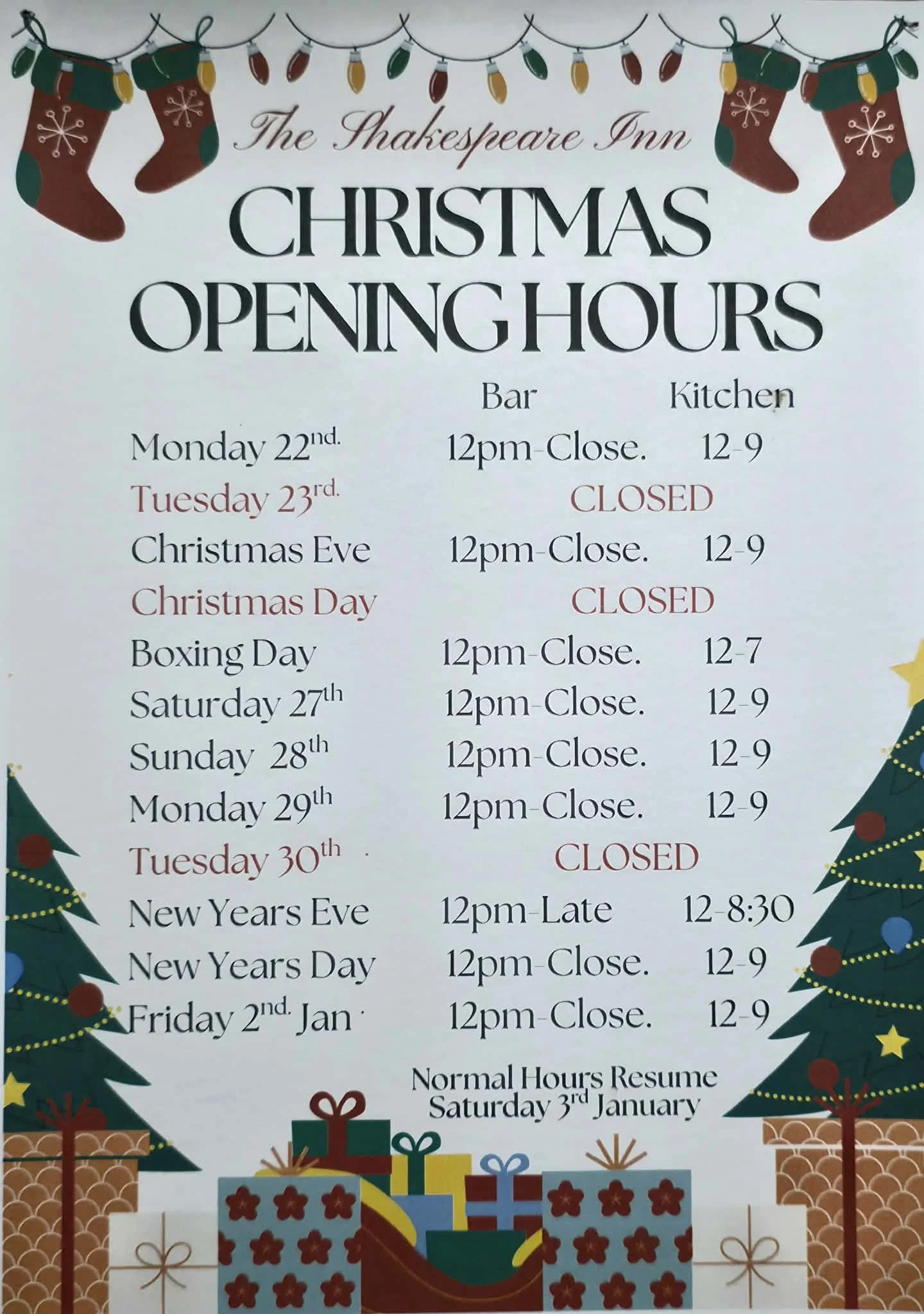 Christmas opening hours notice for The Shakespeare Inn, with illustrations of Christmas stockings, Christmas trees, and wrapped presents.