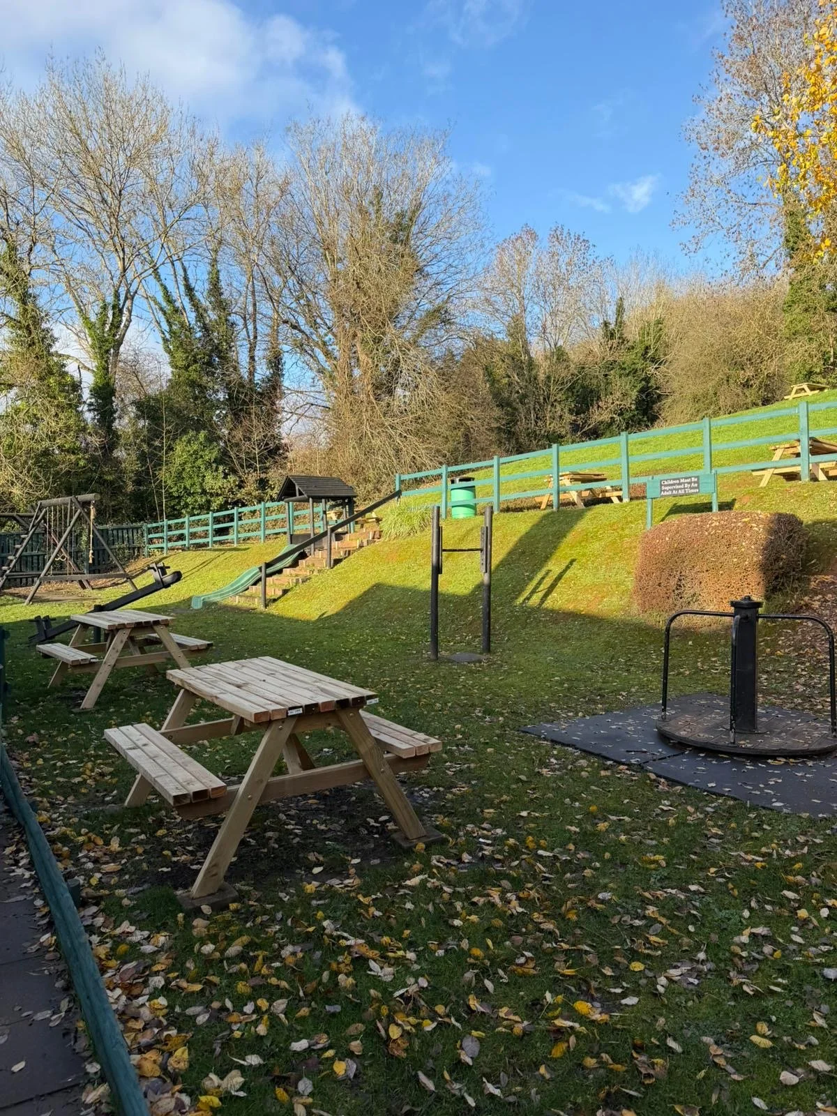 A playground with picnic tables, a swing set, a slide, and a merry-go-round amidst fallen leaves on the grass, with trees and a blue sky in the background.
