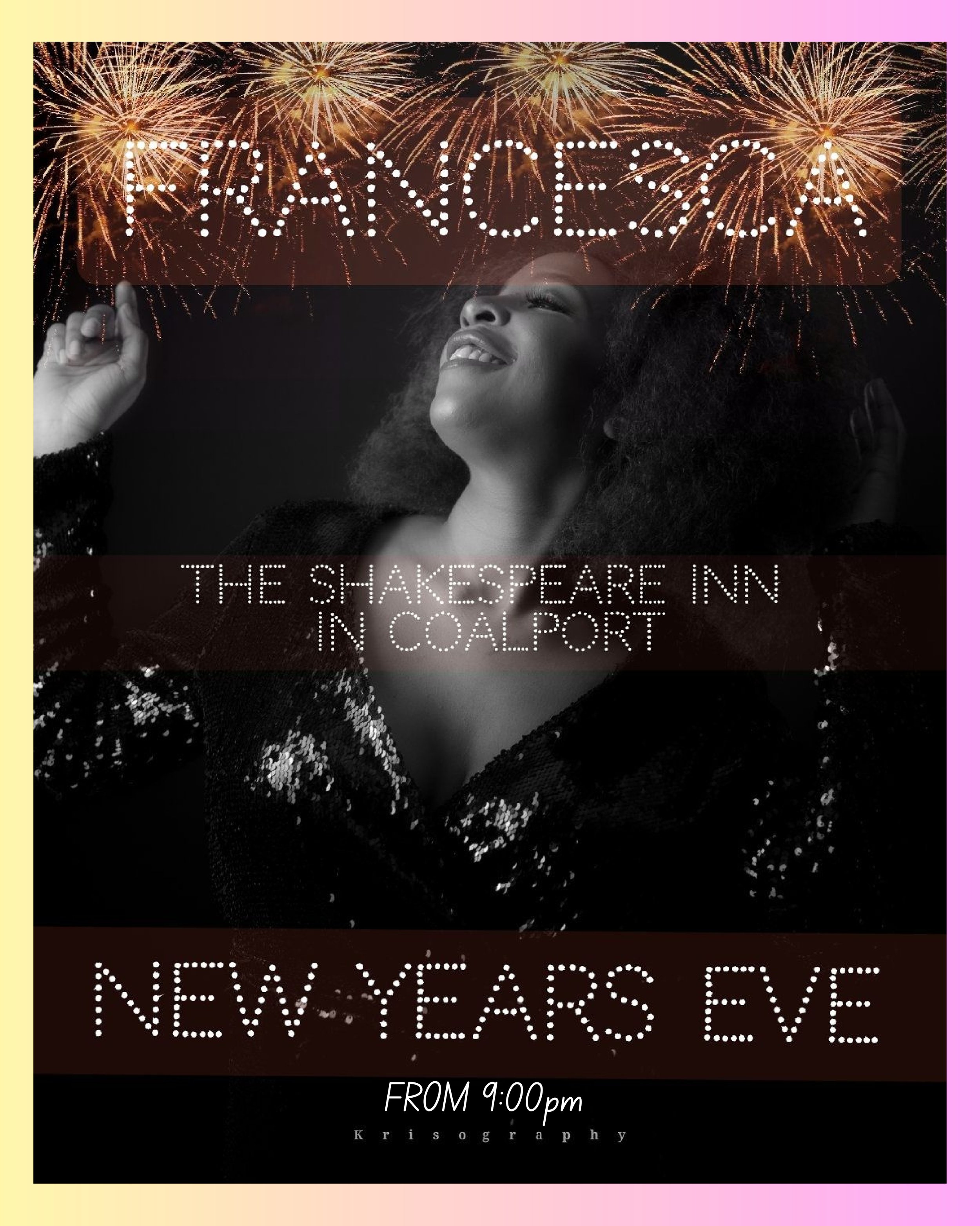 A party poster showing a woman smiling with glittery text and fireworks, promoting New Year's Eve celebration at The Shakespeare Inn in Coalport starting at 9:00 pm.