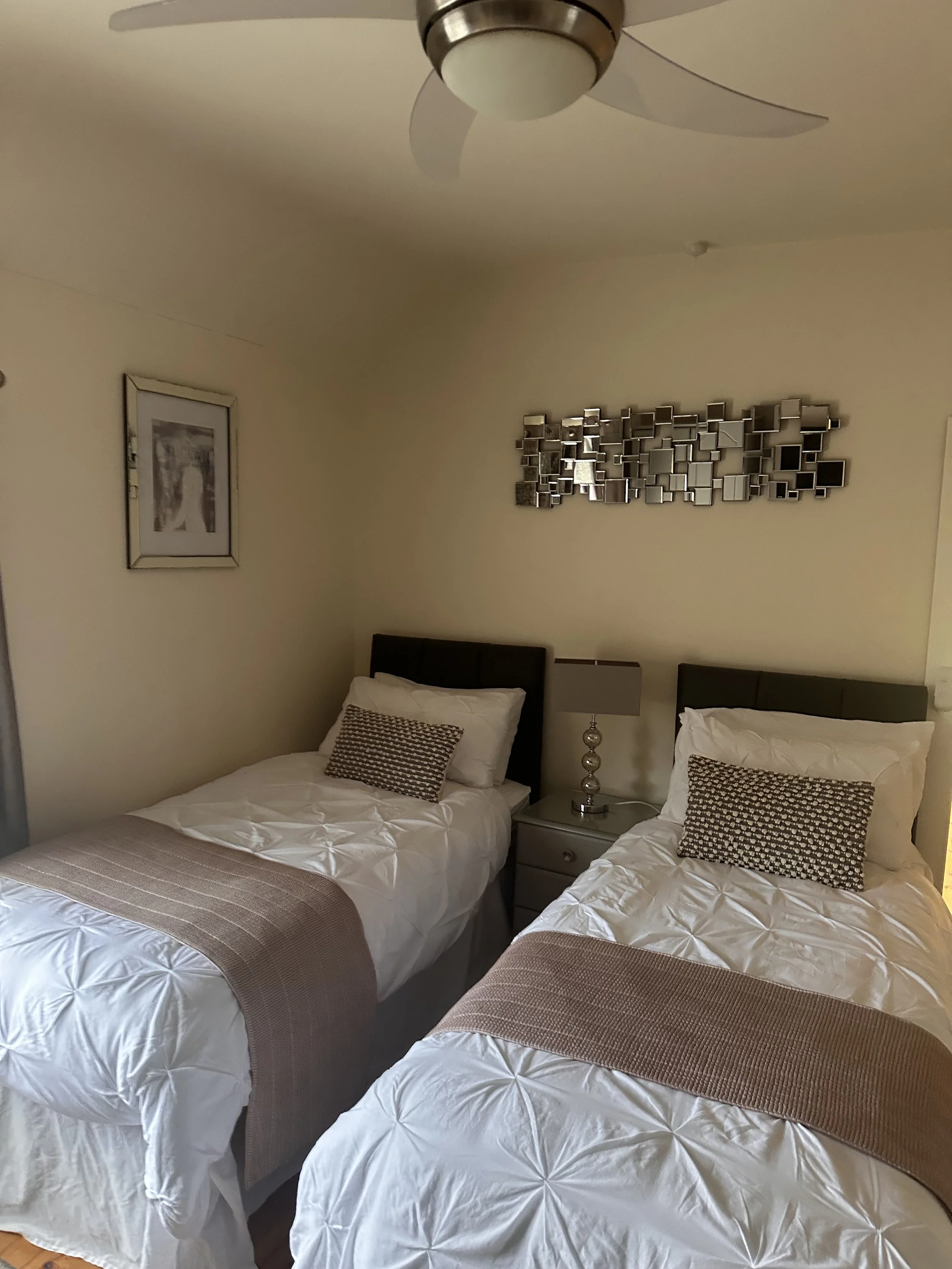 A bedroom with two twin beds, each with white bedspreads, brown throw blankets, and decorative pillows. A nightstand with a lamp is between the beds, and a mirror with a geometric design is on the wall above. There is also a framed picture on the wal