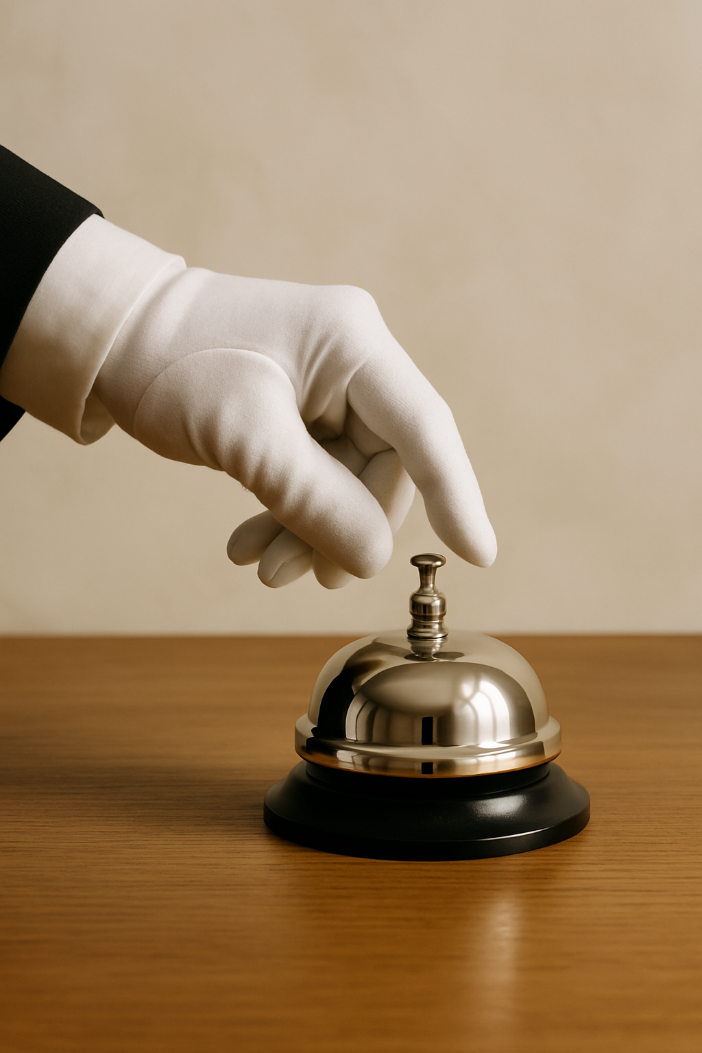 Person wearing white gloves ringing a service bell on a wooden desk.