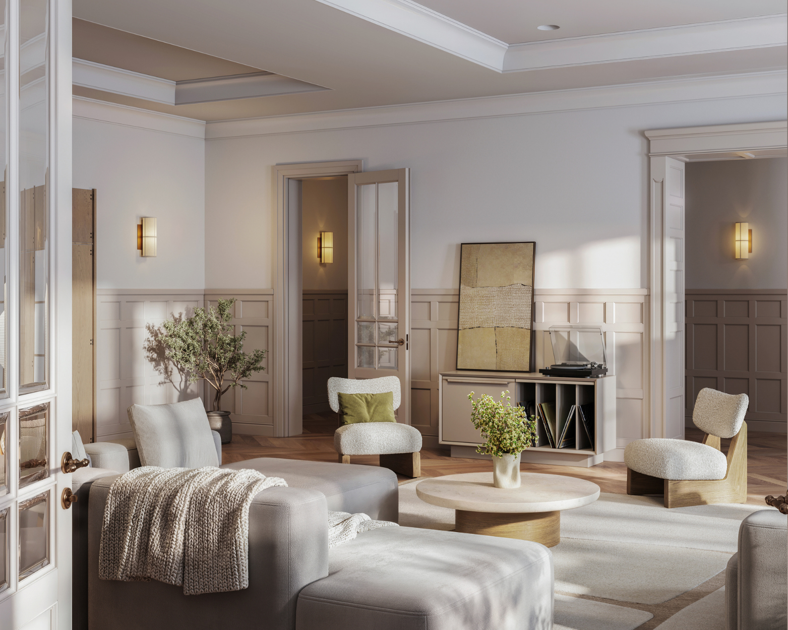 Buy a modern living room with neutral-toned furniture, a coffee table, plants, wall art, and soft natural light in Columbus Ohio