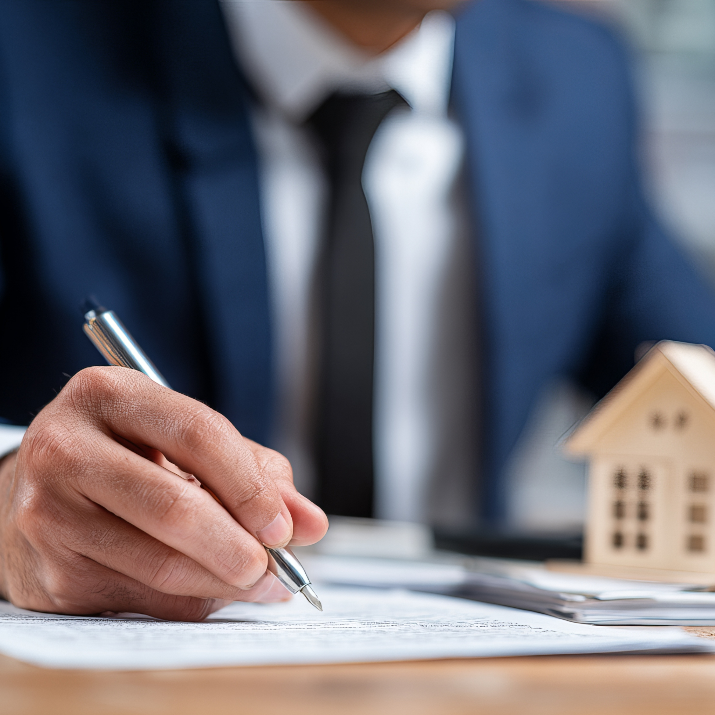 A trusted loan officer recommended by Amanda Lucy is in suit signing documents at a desk with a small wooden house model nearby.
