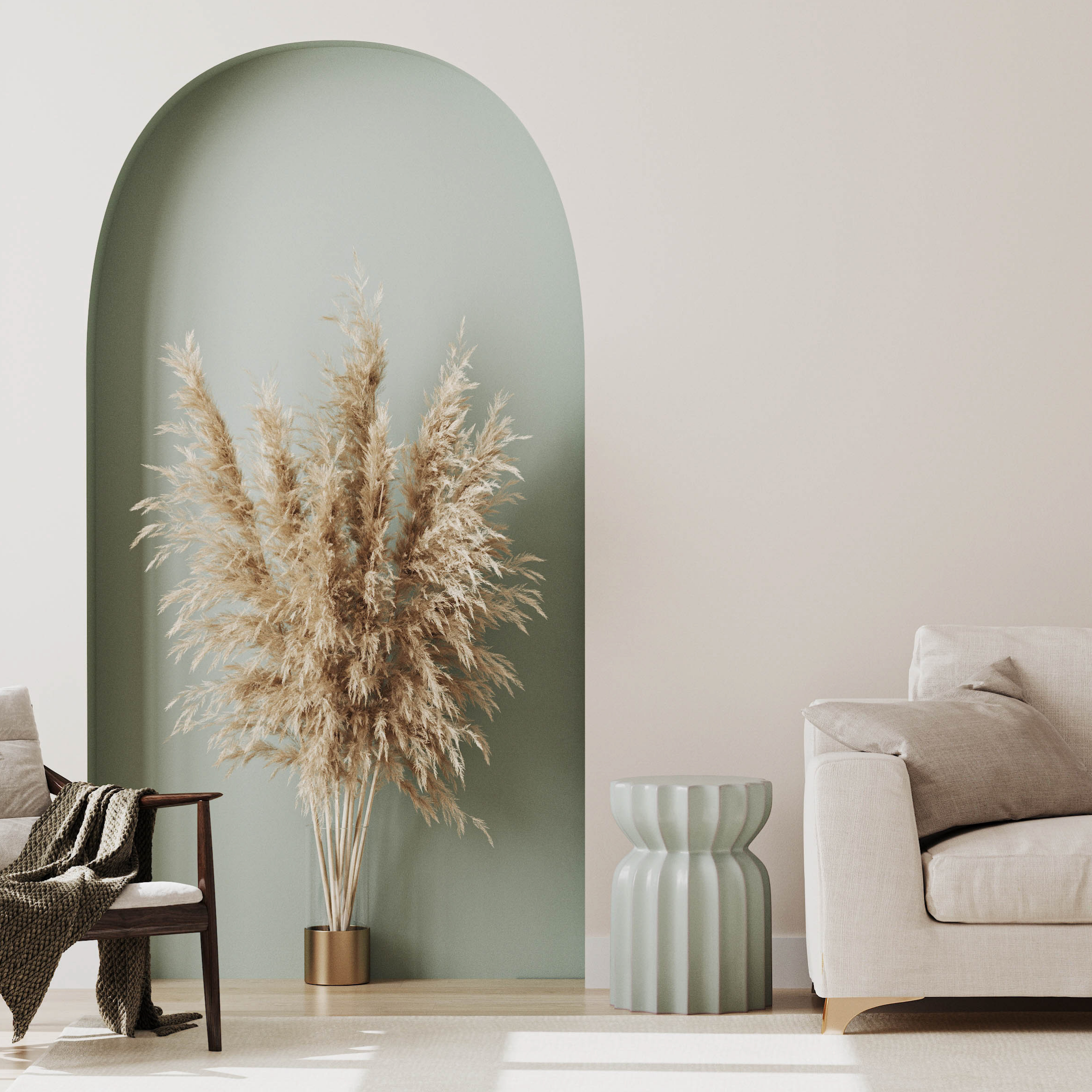 Ohio Real Estate Agent, home favorites include things like, A beige sofa and ottoman beside a vase of pampas grass set in front of a green arched wall accent.
