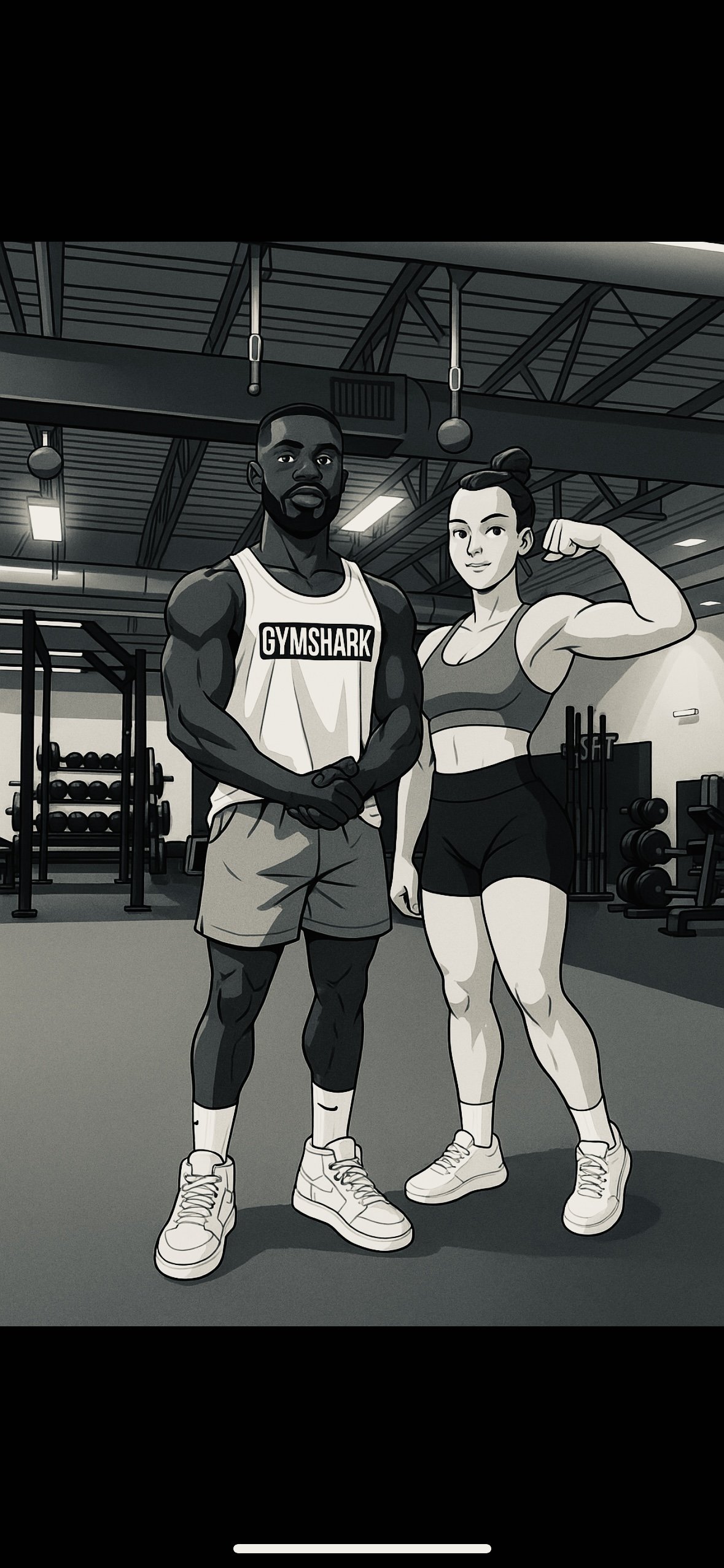Illustration of a muscular man and woman in gym workout attire posing inside a gym with fitness equipment in the background.
