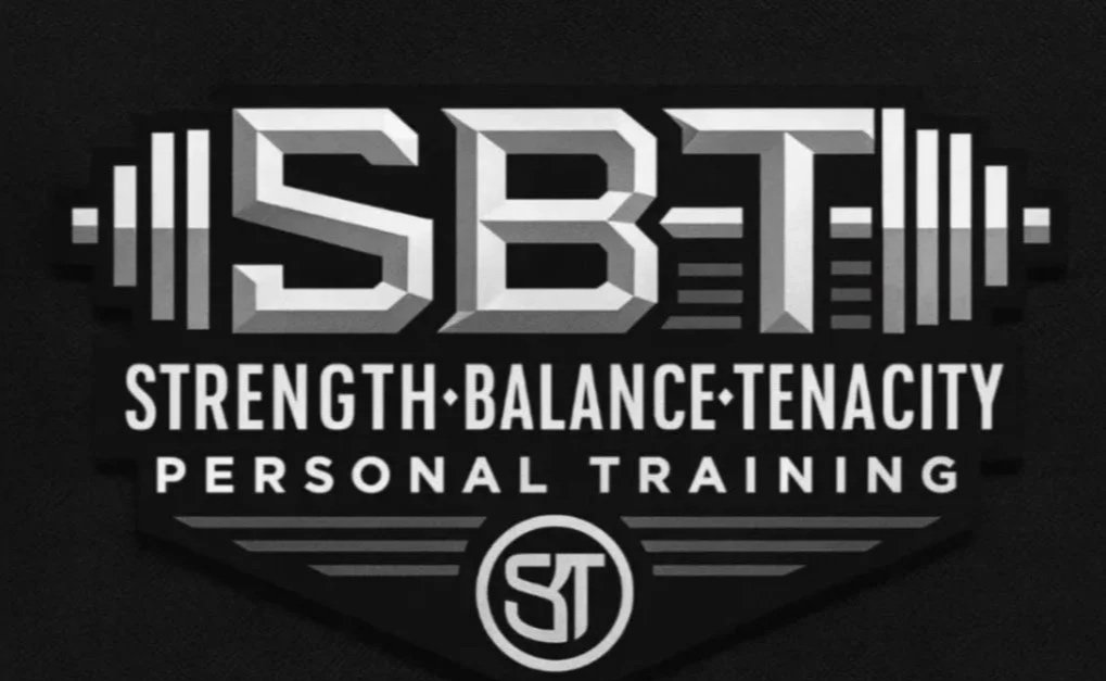 Logo for SBTT personal training with the words 'Strength, Balance, Tenacity' and a stylized barbell.
