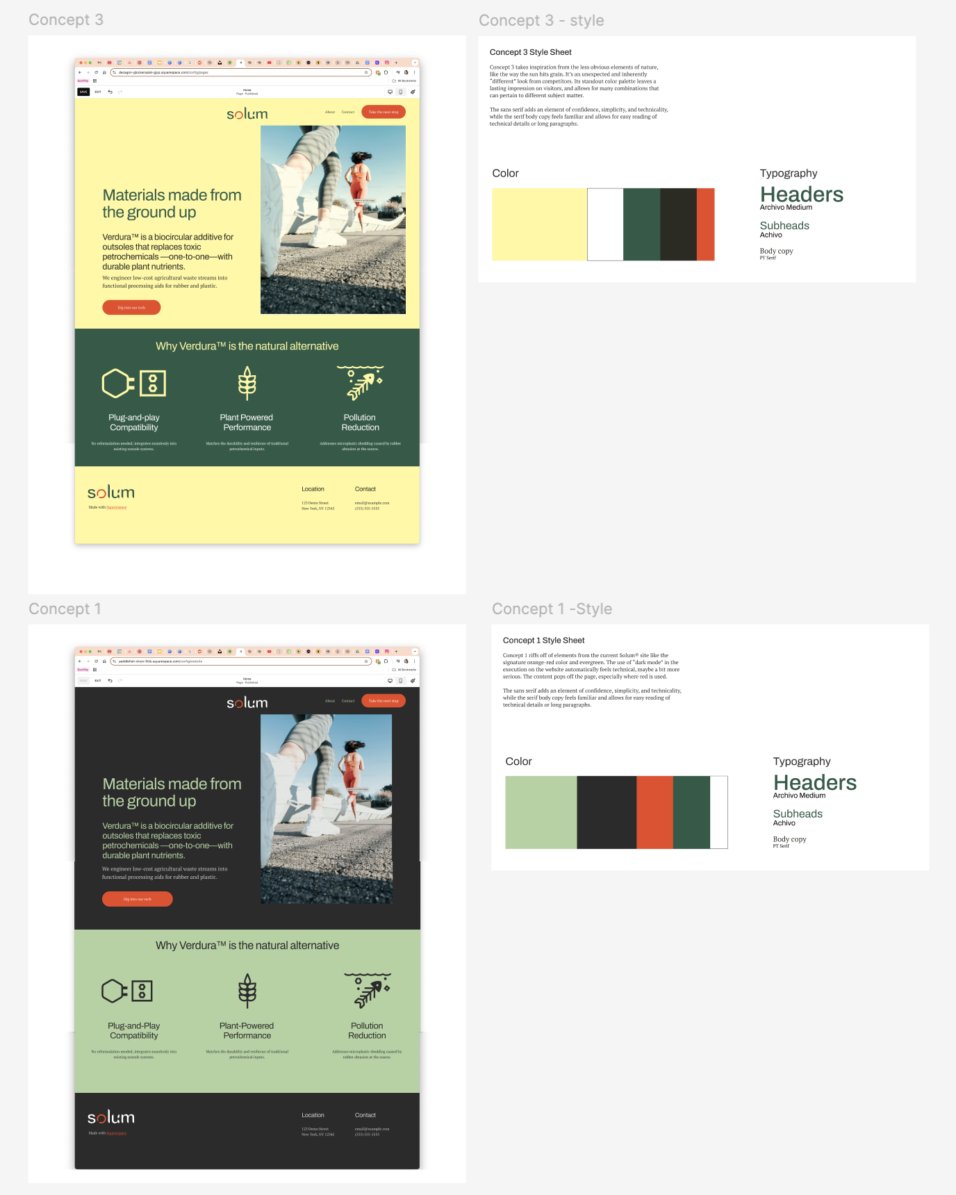 Screenshots of two website design concepts, each with a main photo of children jumping, a yellow and dark mode background respectively, and style sheets showing color palettes and typography details.