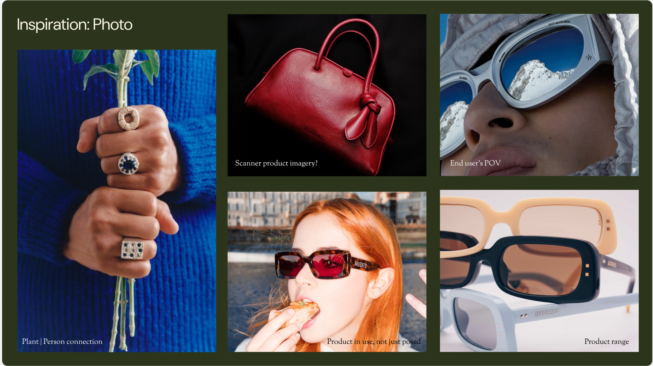 Collage of six images showing fashion and accessory items: a plant held by a person wearing rings, a red handbag, a person wearing goggles with mountain reflection, a woman with red hair wearing sunglasses, a range of sunglasses, and an outdoor scene with a person eating a snack.