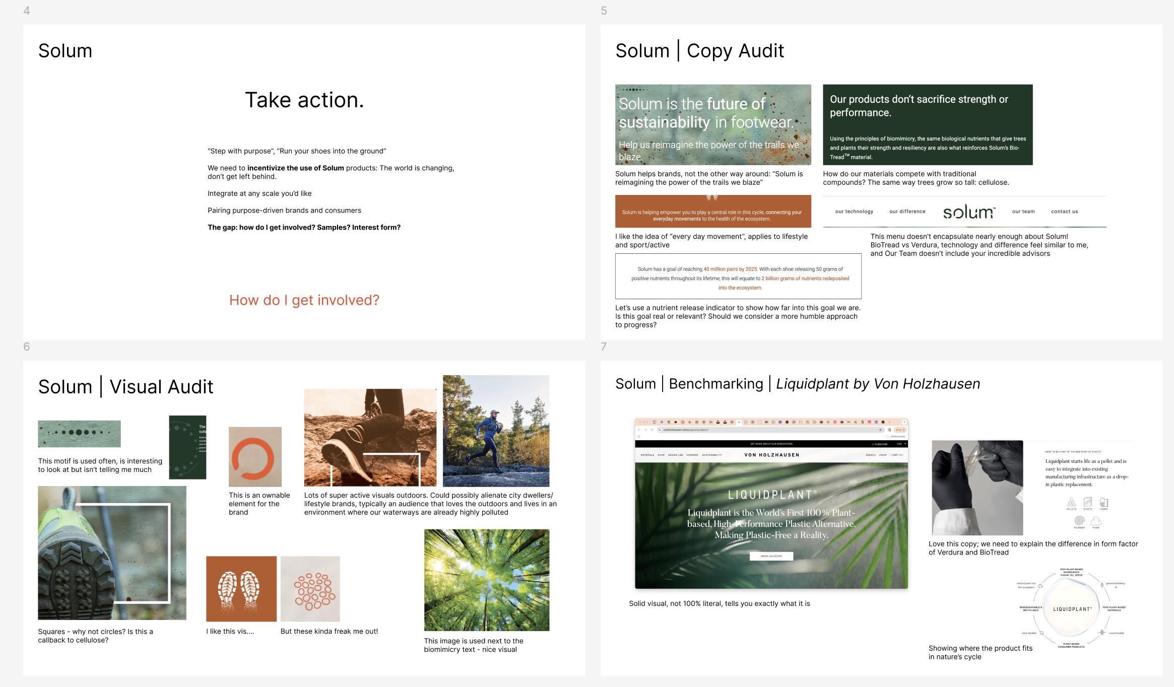 Slides from a presentation about Solum, focusing on sustainability in footwear, copy audit, visual audit, and benchmarking of Liquidplant by Von Holzausen. The slides contain text, images, and diagrams related to eco-friendly materials, product innovation, and brand visualization.