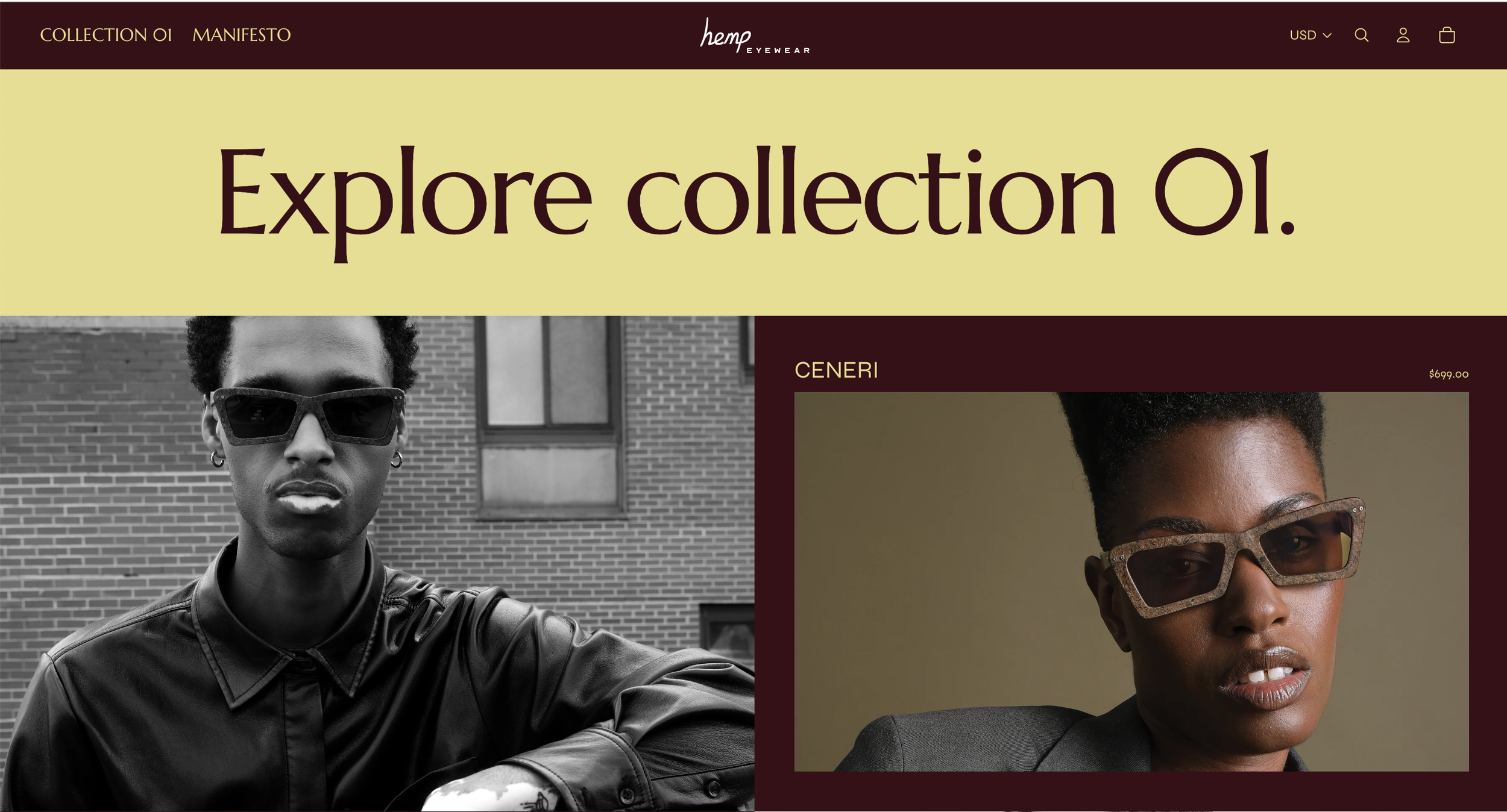 Homepage of hemp eyewear website featuring a large text reading 'Explore collection O.'. Two models wearing glasses are shown, one in black and white on the left, and one color photo on the right. The website has a dark red and yellow color scheme.