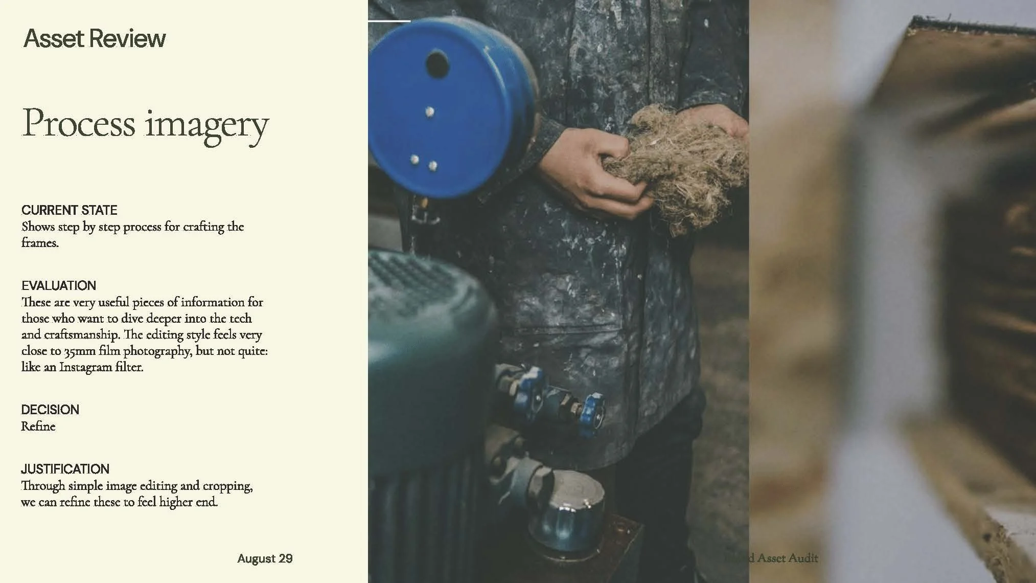 Page from an asset review document with process imagery. Shows a person holding raw wool with a blue device attached to their arm, and machinery on the side.