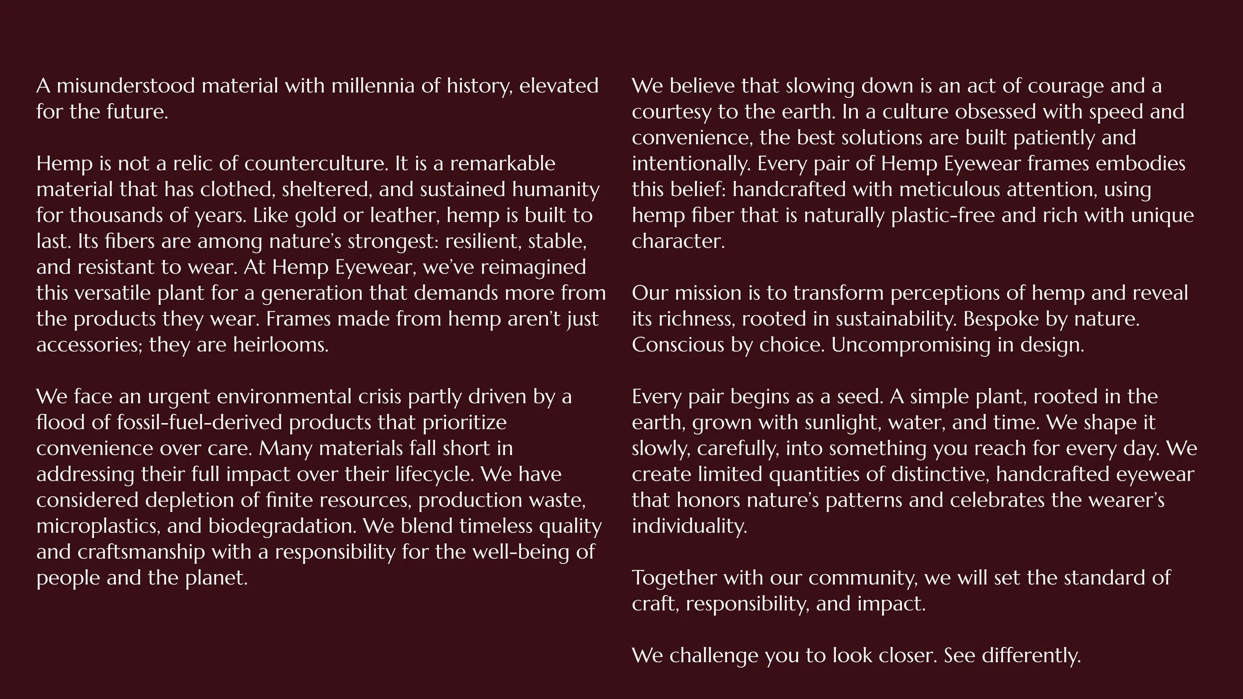 Text discussing the importance and sustainability of hemp for making jewelry, emphasizing craftsmanship, environmental impact, and community responsibility.