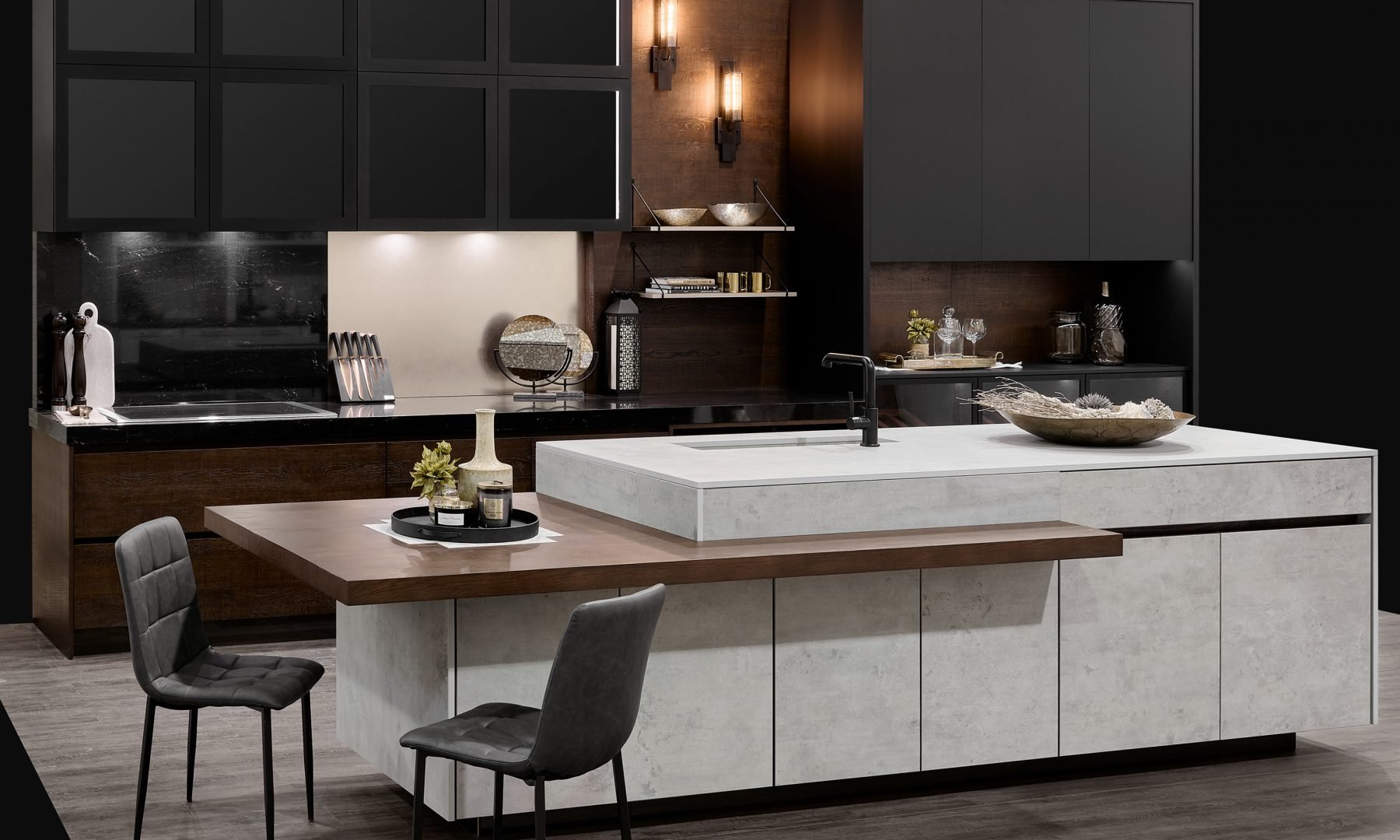Modern custom kitchen cabinets with large kitchen island and light quartz countertops.