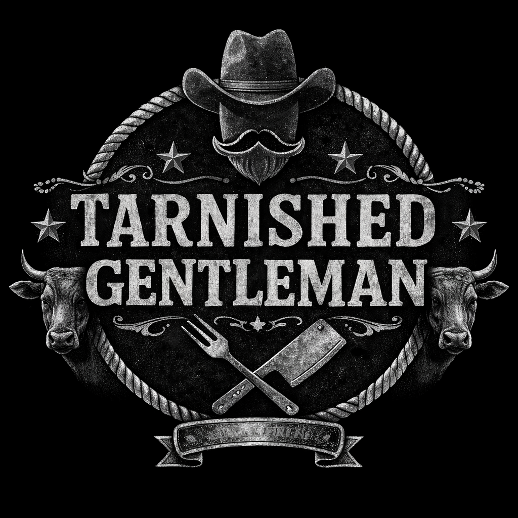 Black and white logo with the text 'Tarnished Gentleman' in the center, surrounded by a cowboy hat, a handlebar mustache, two bull heads on the sides, stars, a fork and cleaver crossed, and decorative scrollwork.
