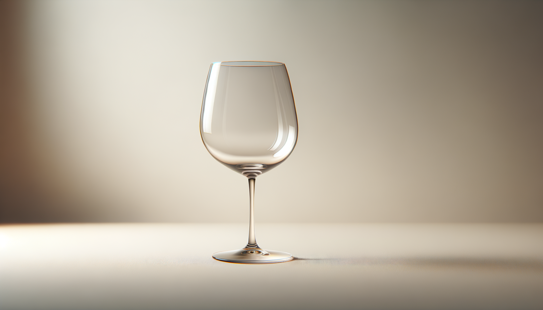 A clear, empty wine glass with a tall stem resting on a neutral surface, with a gradient background.