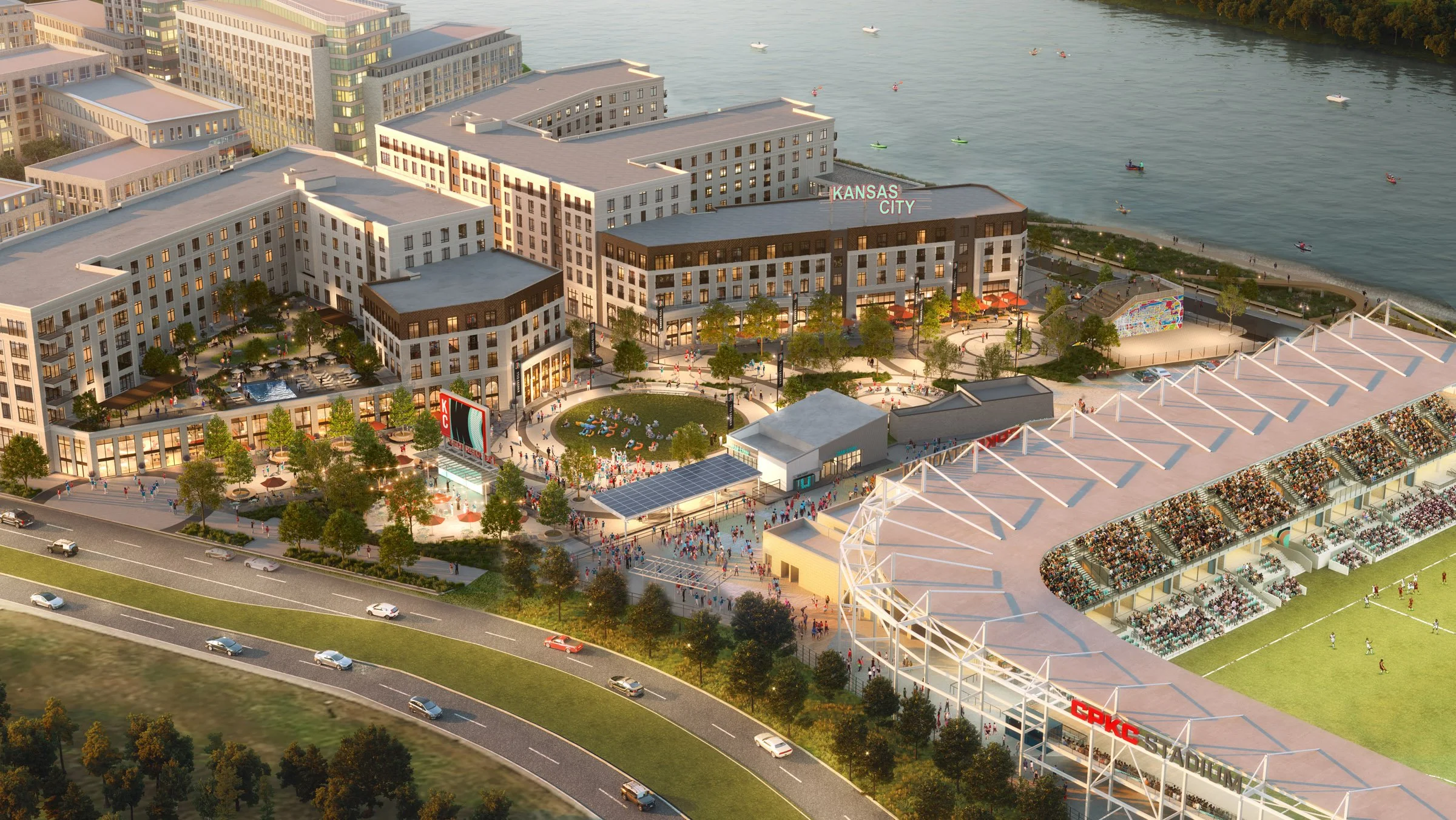 Current Landing is home to the Kansas City Current at CPKC Stadium and framed by sweeping riverfront trails, green spaces, local dining, and a growing mix of residential and retail experiences.