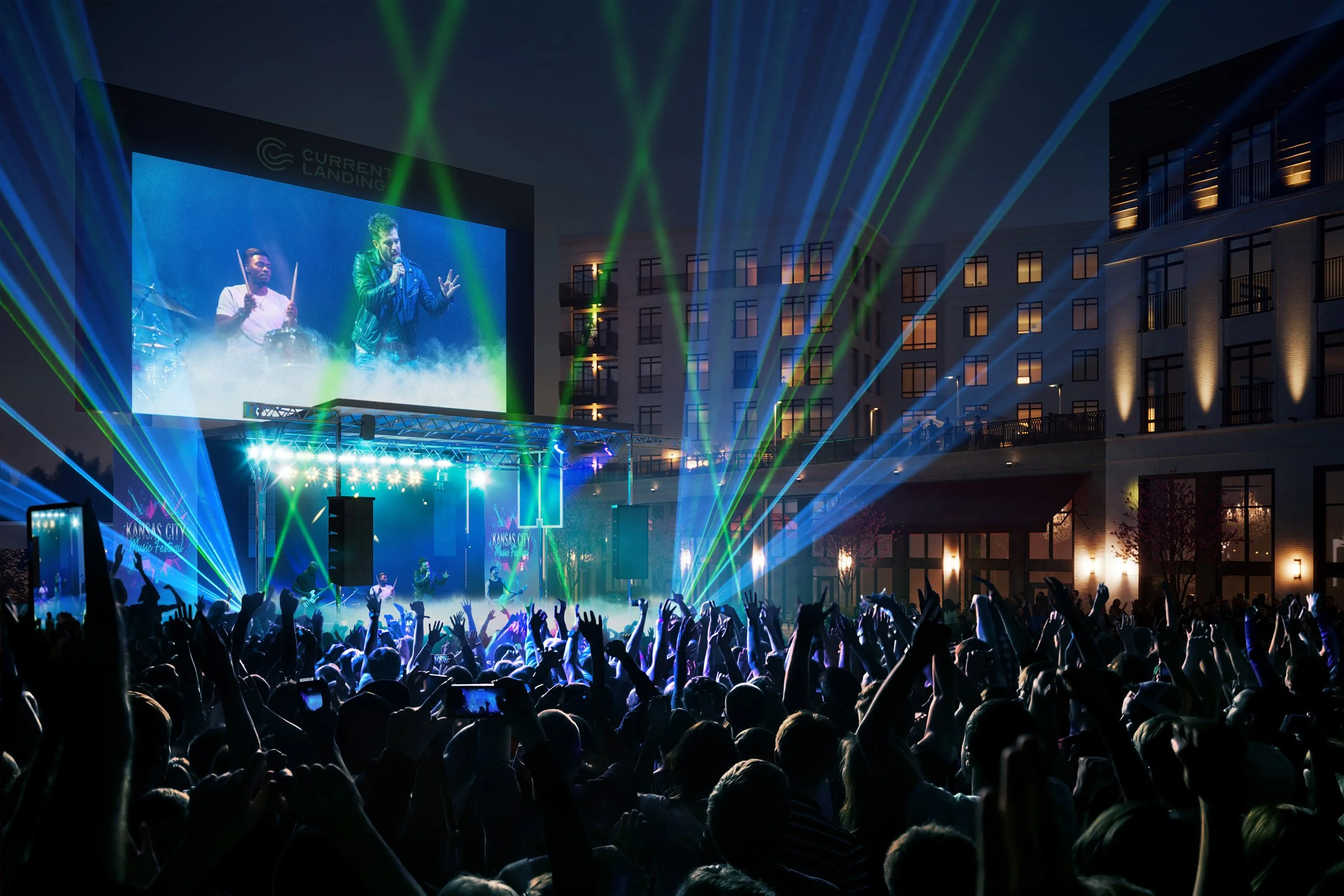 rendering of Current Landing Town Pavilion outdoor concert, crowd of people, laser lights, stage, jumbo tv